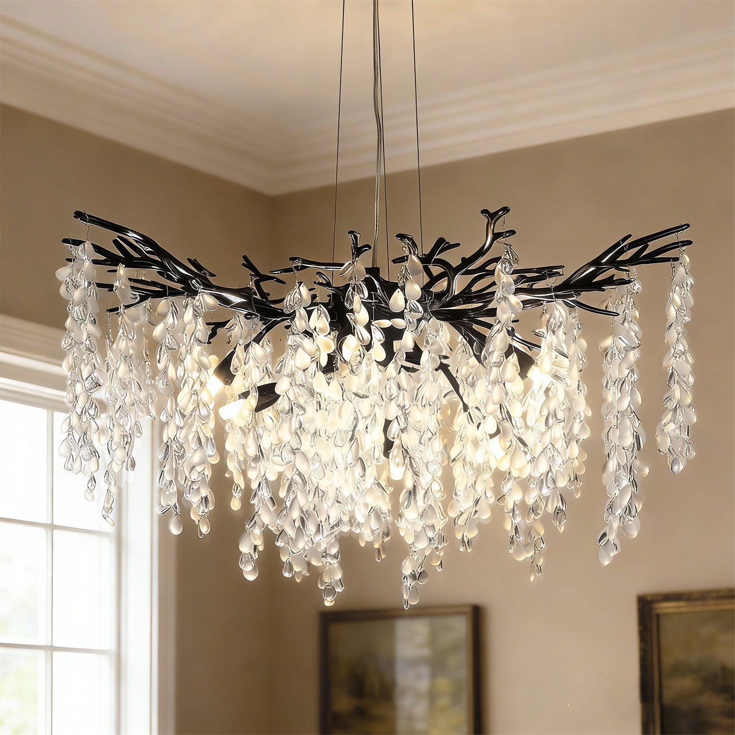 Jandcase 10-Light Matte Black Crystal Branch Chandelier with Crystal Shade, 31. 5 in. Traditional Hanging Fixture for Kitchen