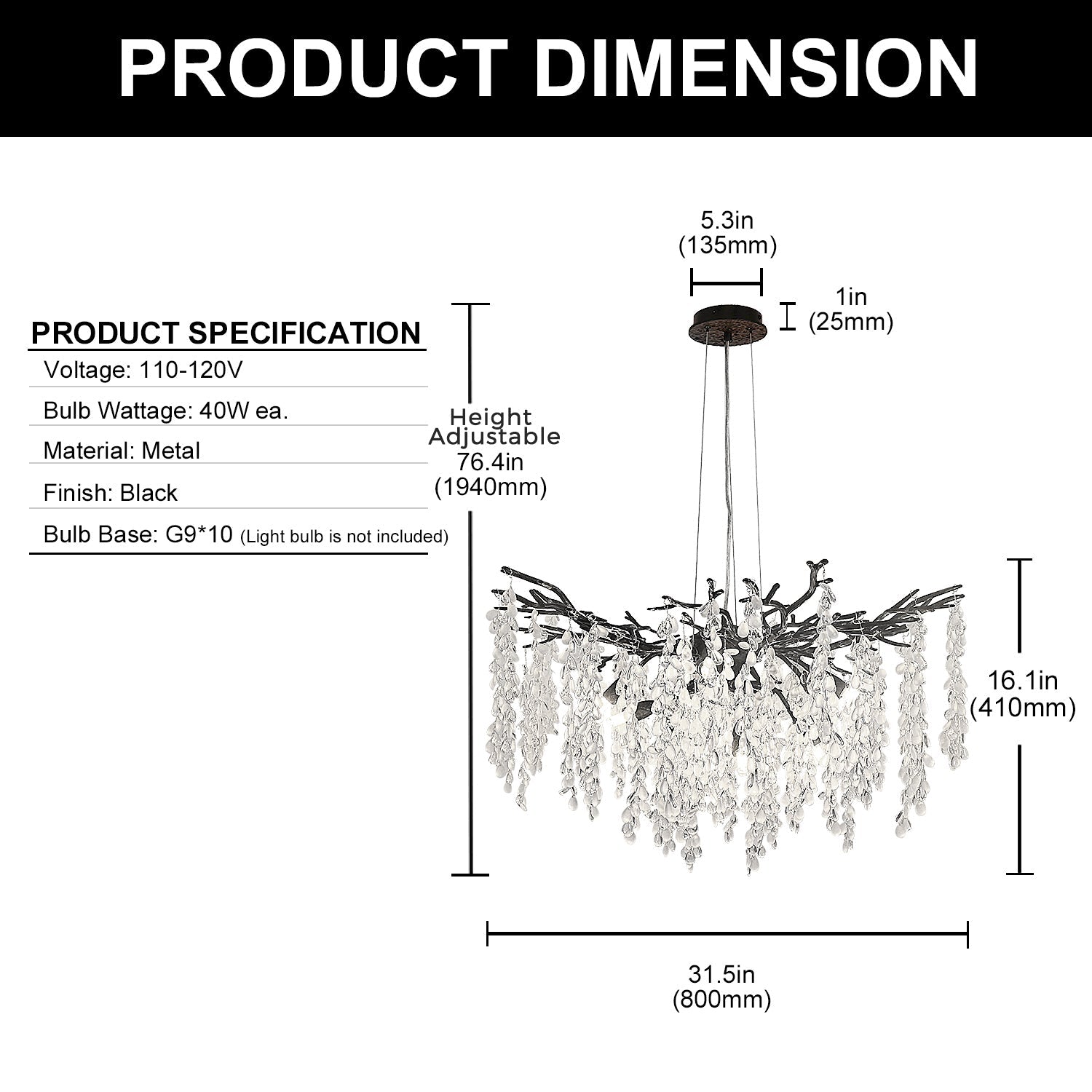Jandcase 10-Light Matte Black Crystal Branch Chandelier with Crystal Shade, 31. 5 in. Traditional Hanging Fixture for Kitchen
