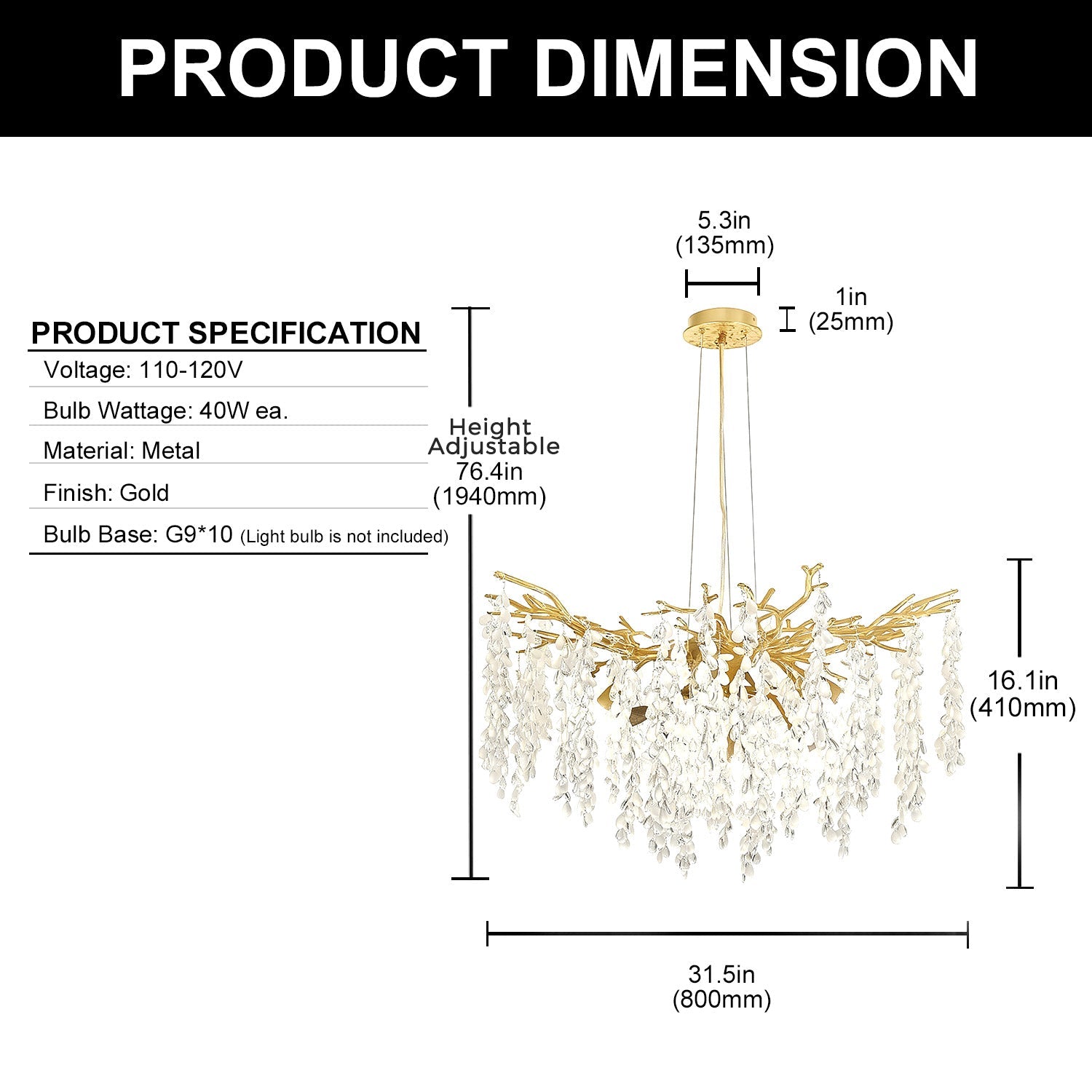Jandcase 10-Light 31.5 in. Champagne Gold Traditional Crystal Chandelier with Crystal Shade and Metal Branch Design G9 Base