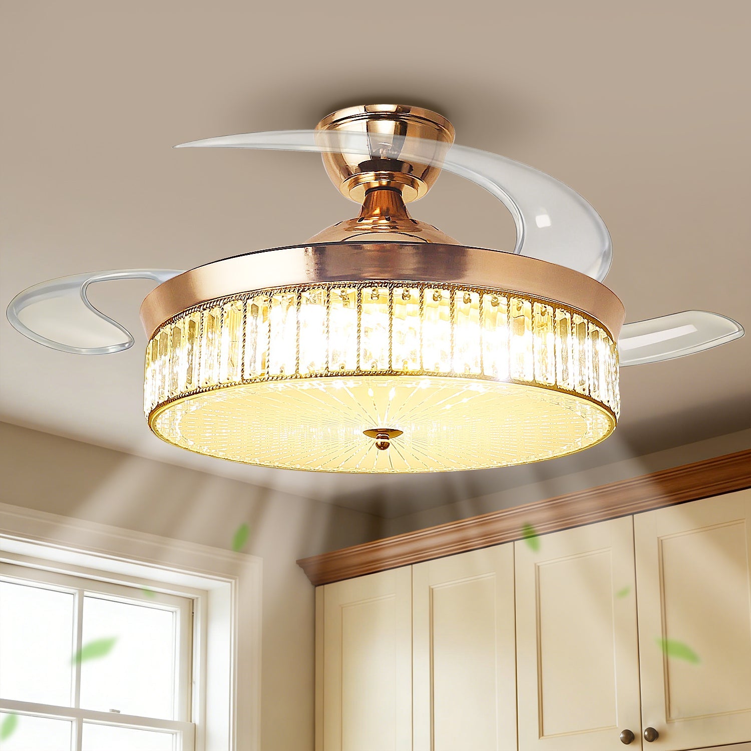 38-Watt 3-Blades Copper Standard Flush Mount Ceiling Fans with Invisible Blades and Stepless Dimming for Living Room