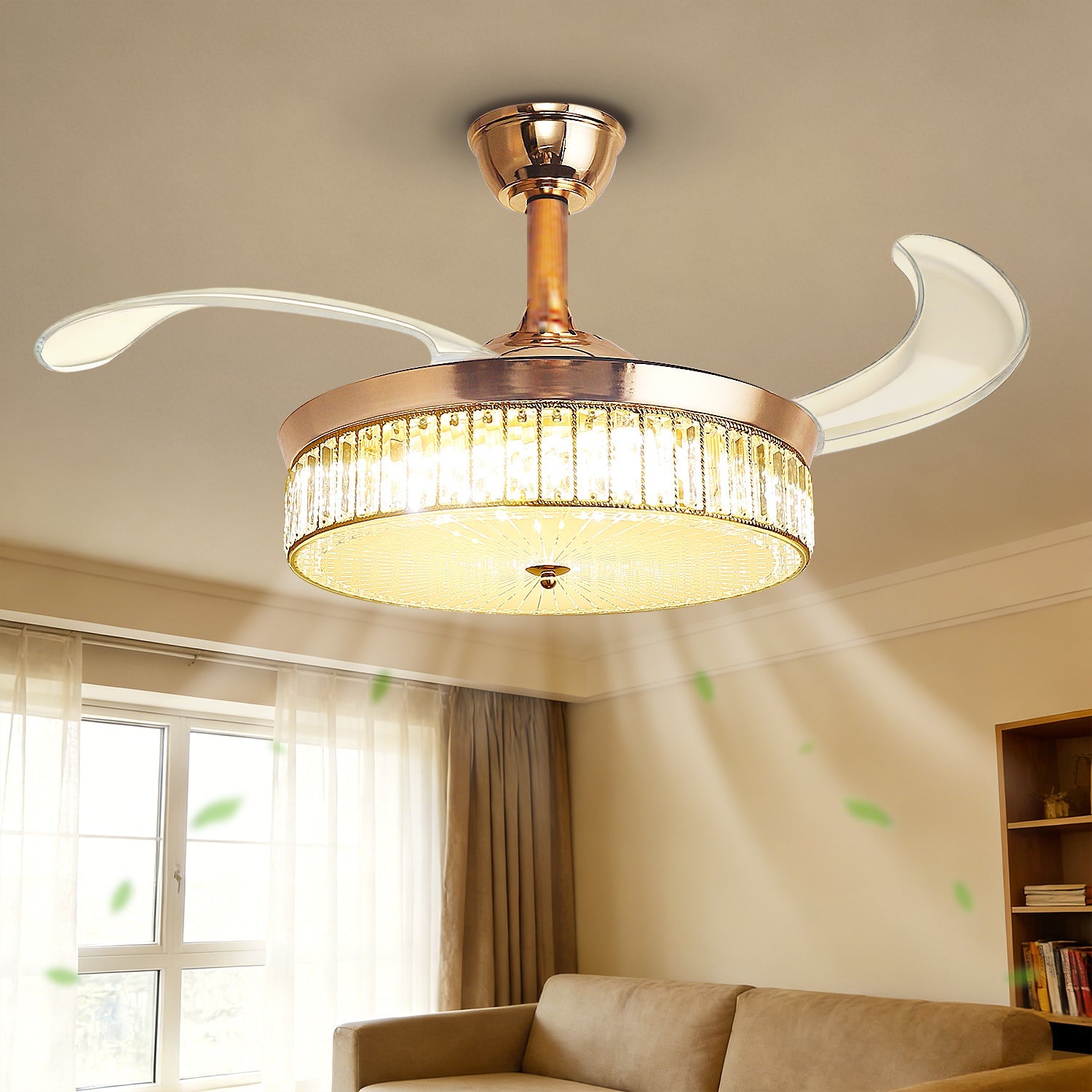 38-Watt 3-Blades Copper Standard Flush Mount Ceiling Fans with Invisible Blades and Stepless Dimming for Living Room