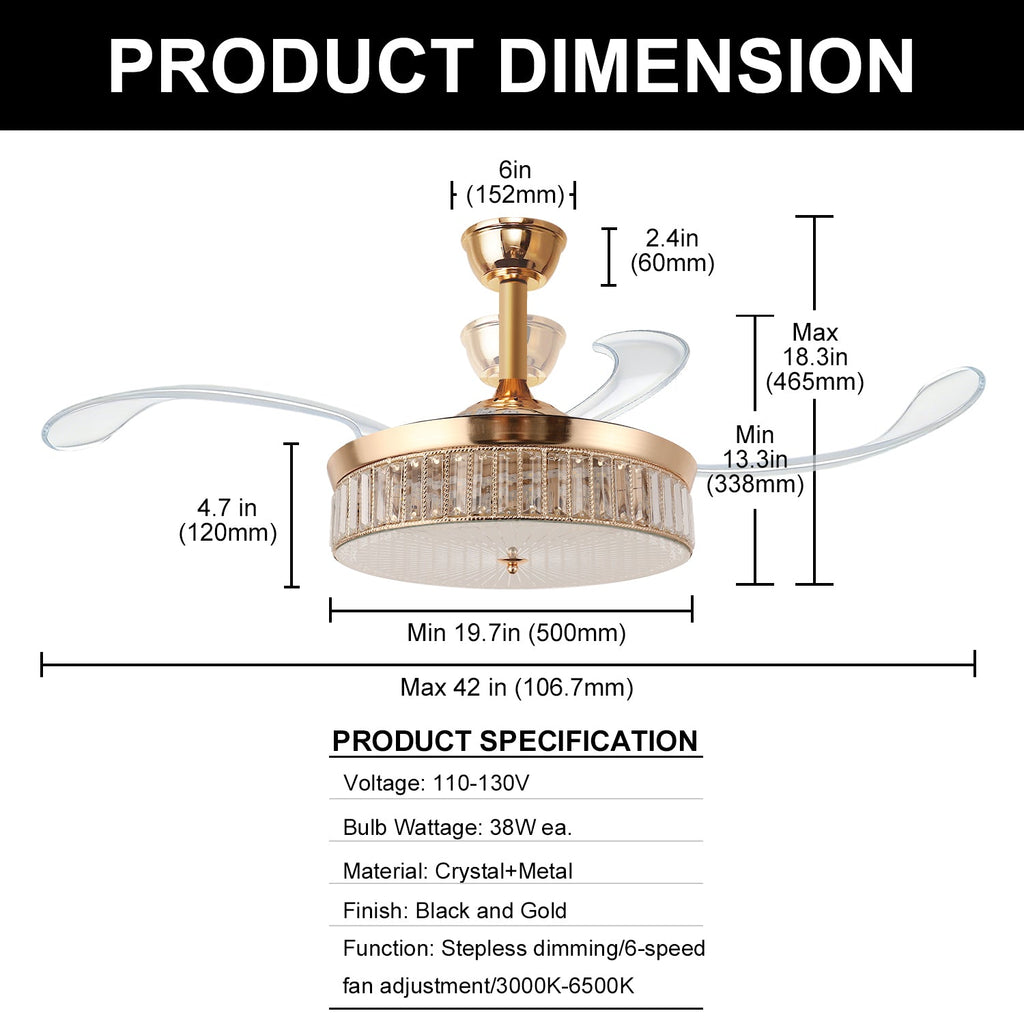 38-Watt 3-Blades Copper Standard Flush Mount Ceiling Fans with Invisible Blades and Stepless Dimming for Living Room
