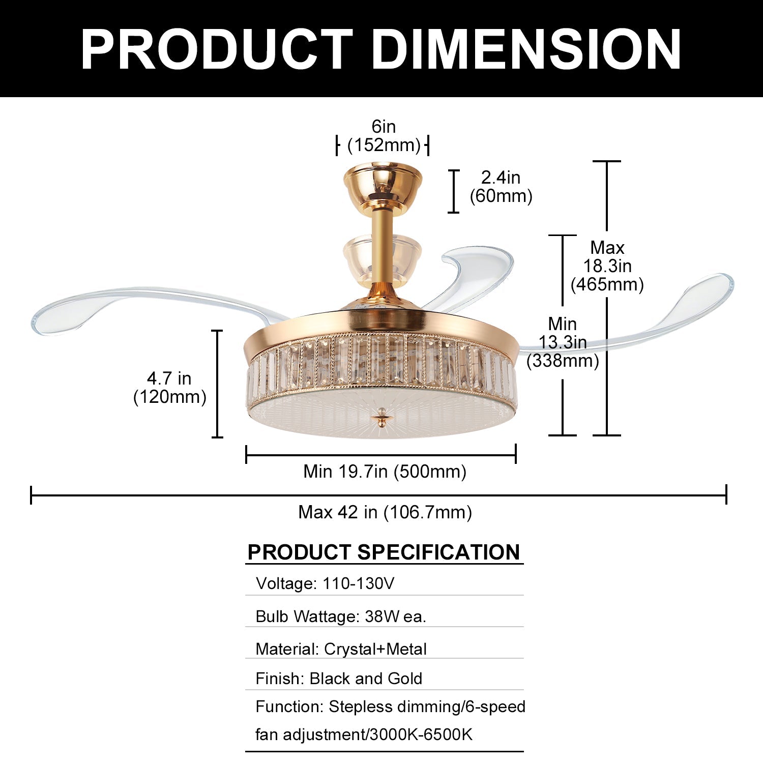 38-Watt 3-Blades Copper Standard Flush Mount Ceiling Fans with Invisible Blades and Stepless Dimming for Living Room