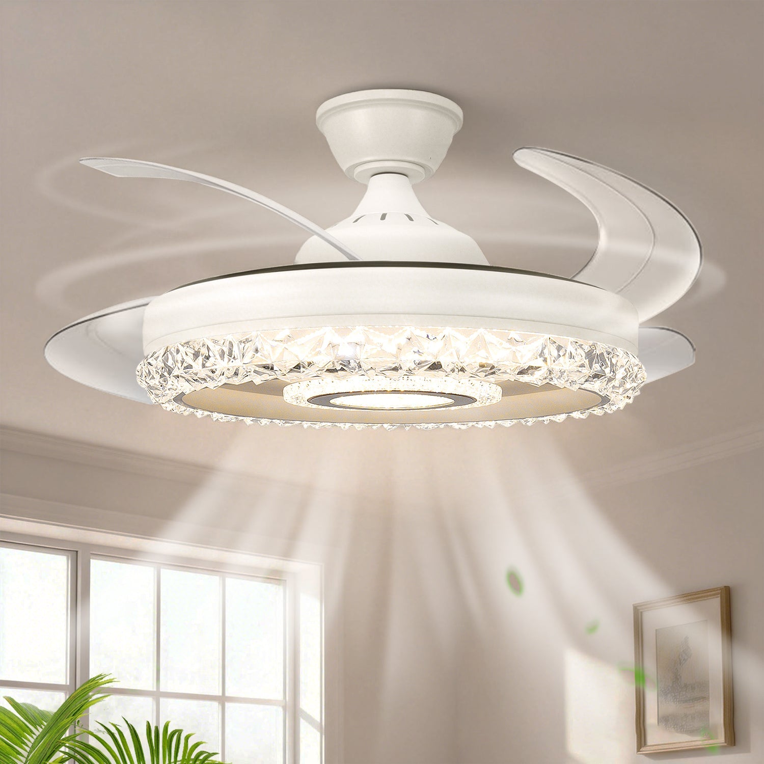 42 in. 38-Watt 3-Blade Standard Flush Mount Ceiling Fans with Clear Blades and Stepless Dimming, 120-Volt, White Finish