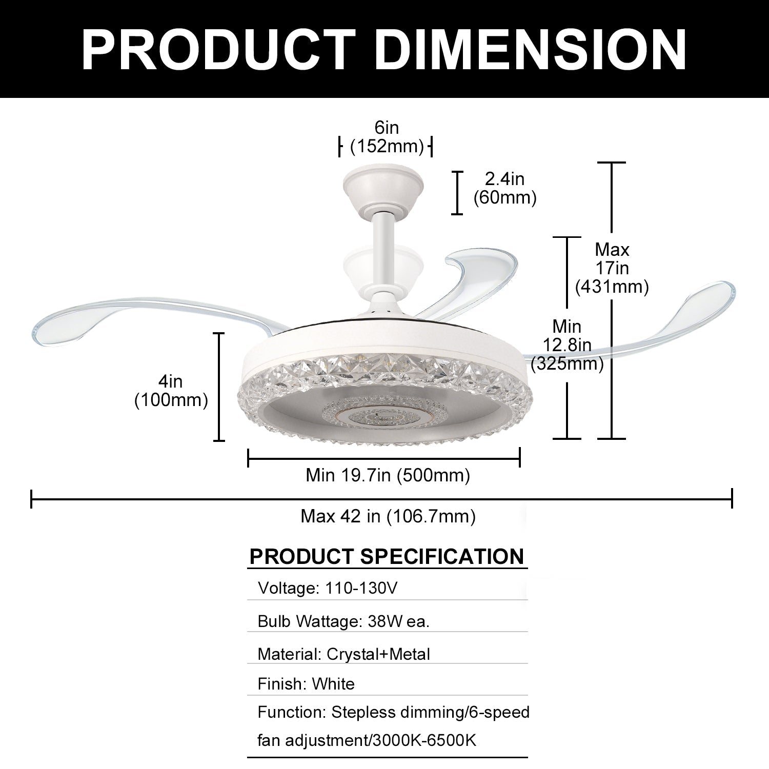 42 in. 38-Watt 3-Blade Standard Flush Mount Ceiling Fans with Clear Blades and Stepless Dimming, 120-Volt, White Finish
