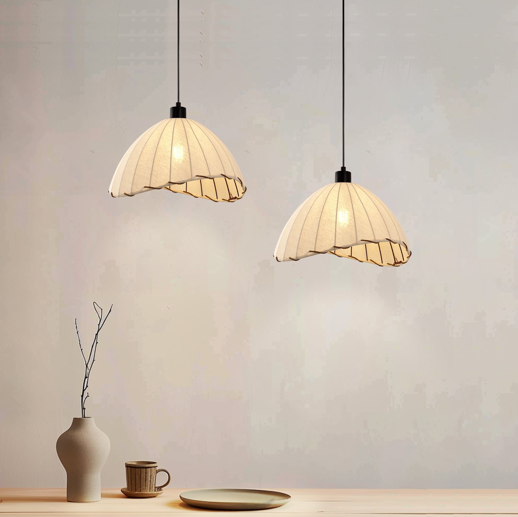 Jandcase 2-Pack 1-LIght Boho Woven Fabric Pendant Light KD Hanging Ceiling Fixture E26 for Bedroom Dining Room