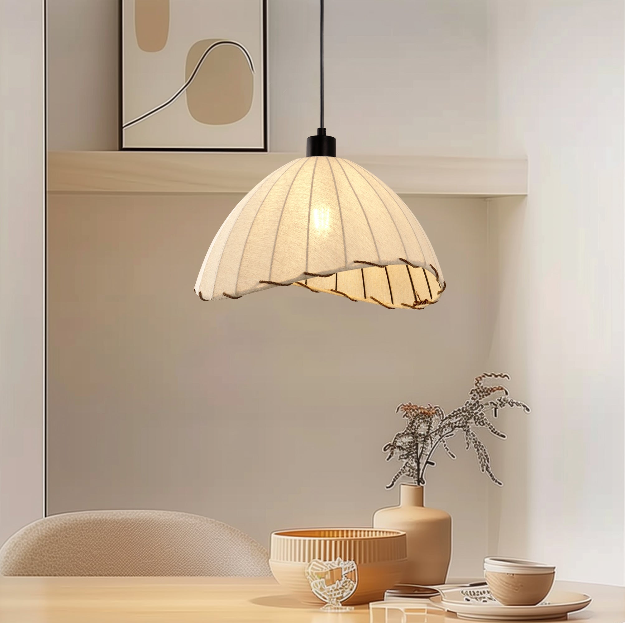 Jandcase 2-Pack 1-LIght Boho Woven Fabric Pendant Light KD Hanging Ceiling Fixture E26 for Bedroom Dining Room