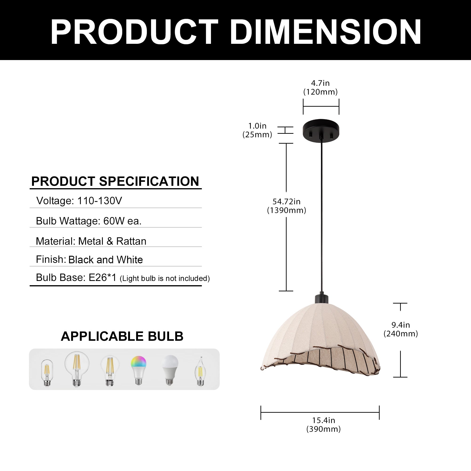 Jandcase 2-Pack 1-LIght Boho Woven Fabric Pendant Light KD Hanging Ceiling Fixture E26 for Bedroom Dining Room