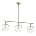 60 Watts 3-Light Satin Nickel Island Pendant Light with Textured Clear Global Glass Shade, Adjustable Rods, E26 Base