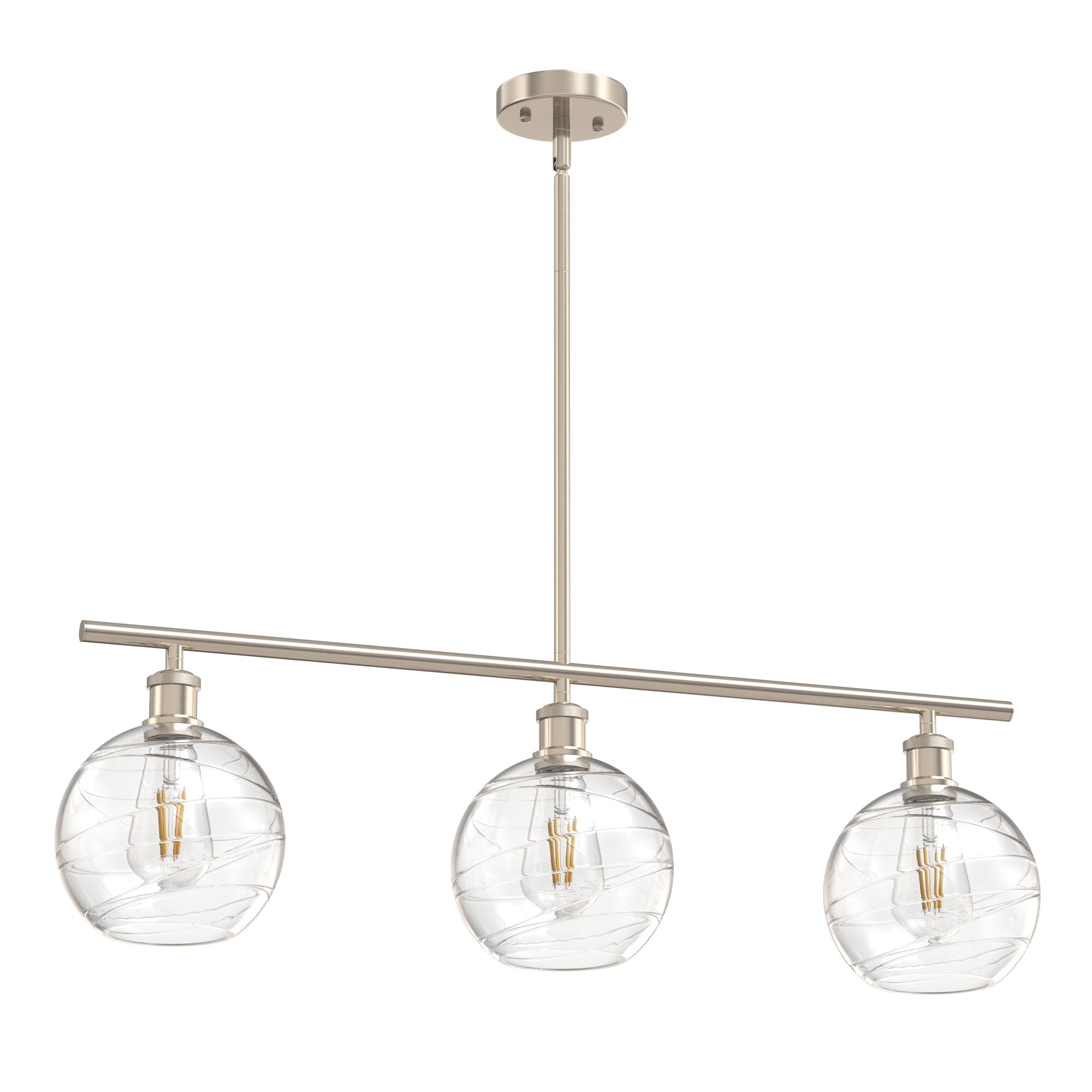 60 Watts 3-Light Satin Nickel Island Pendant Light with Textured Clear Global Glass Shade, Adjustable Rods, E26 Base
