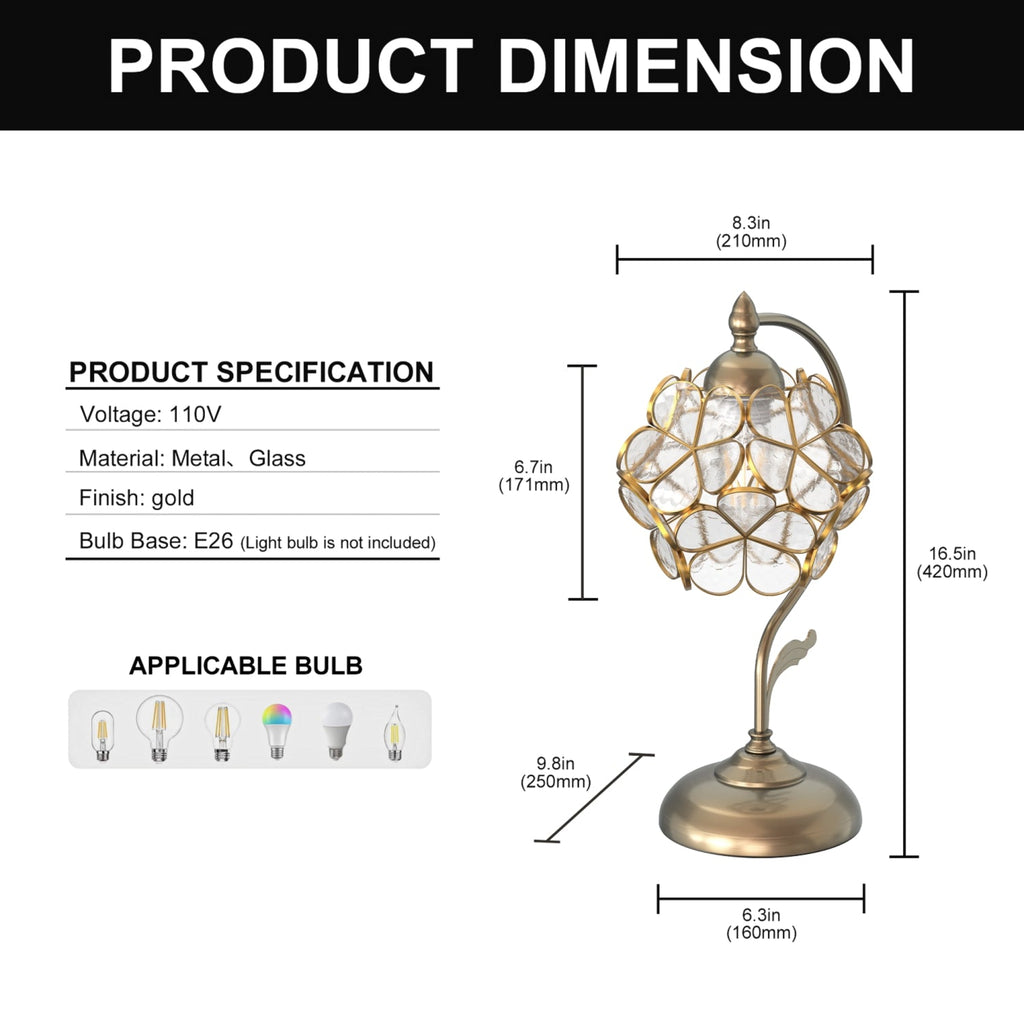 Jandcase 16.5in. 1 Light Copper Flower Table Lamp with Pale Glass Shade, No Bulbs Included Transitional Table Lamp for Bedroom
