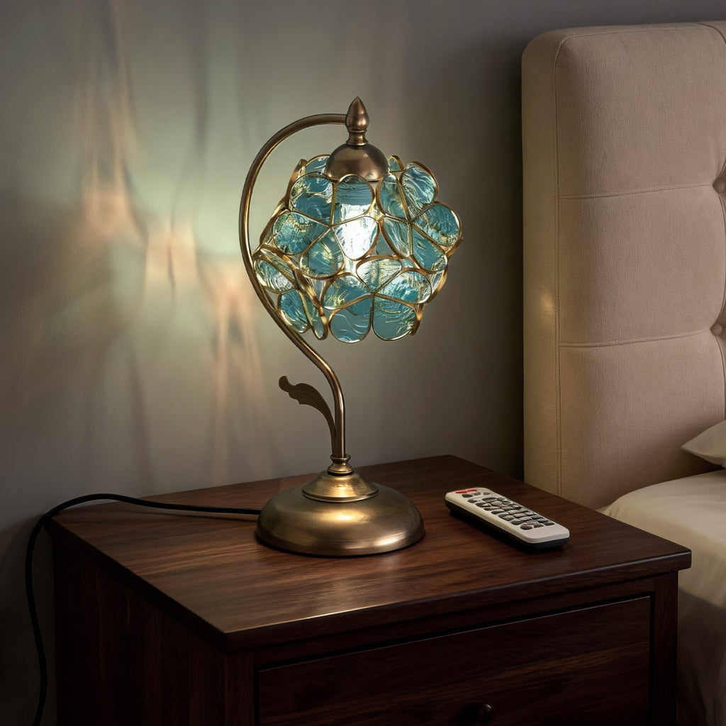 Jandcase 9.8in Green Glass Flower Table Lamp with Brass Finish E26 Bedside Desk Light Fixture