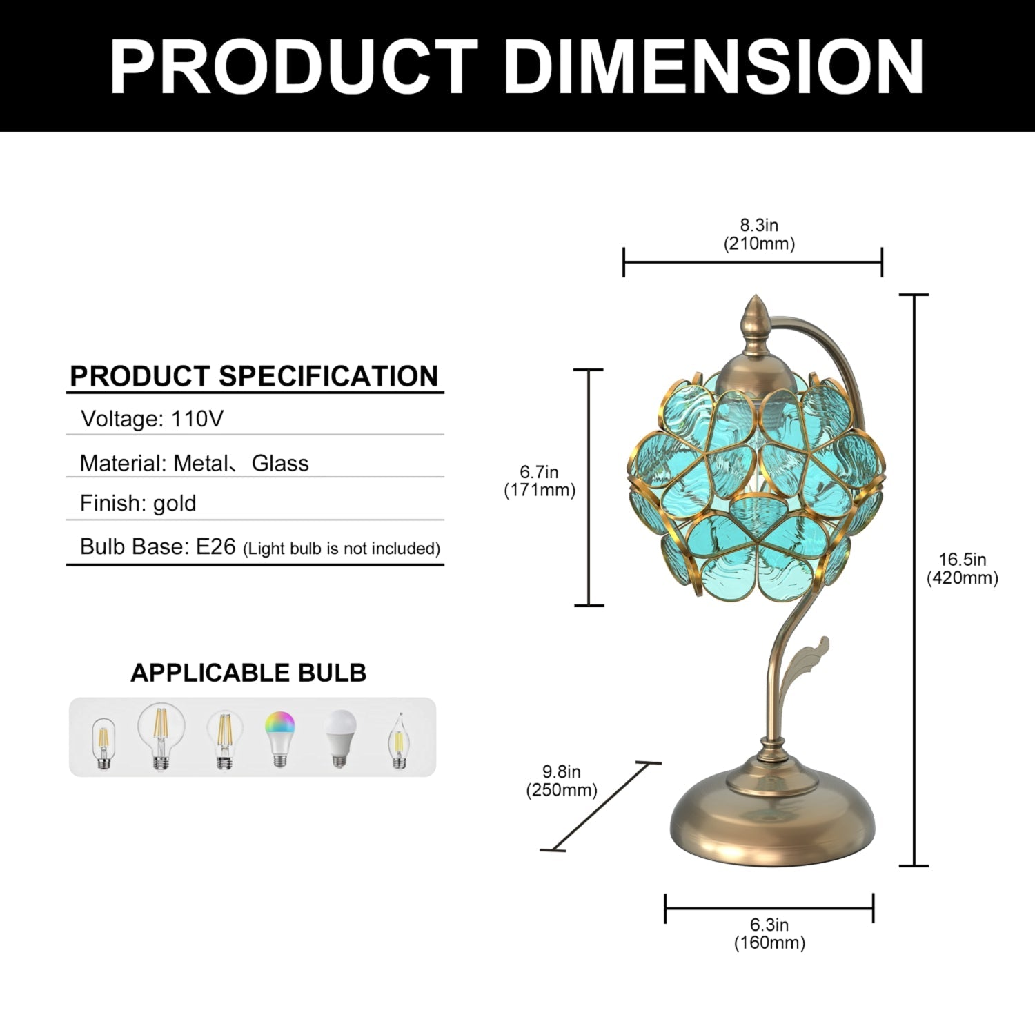 Jandcase 9.8in Green Glass Flower Table Lamp with Brass Finish E26 Bedside Desk Light Fixture
