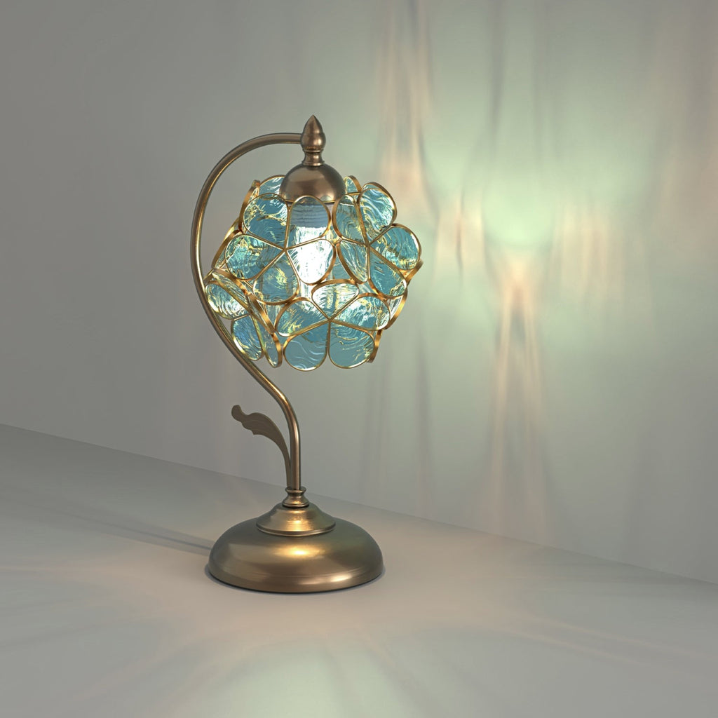 Jandcase 9.8in Green Glass Flower Table Lamp with Brass Finish E26 Bedside Desk Light Fixture