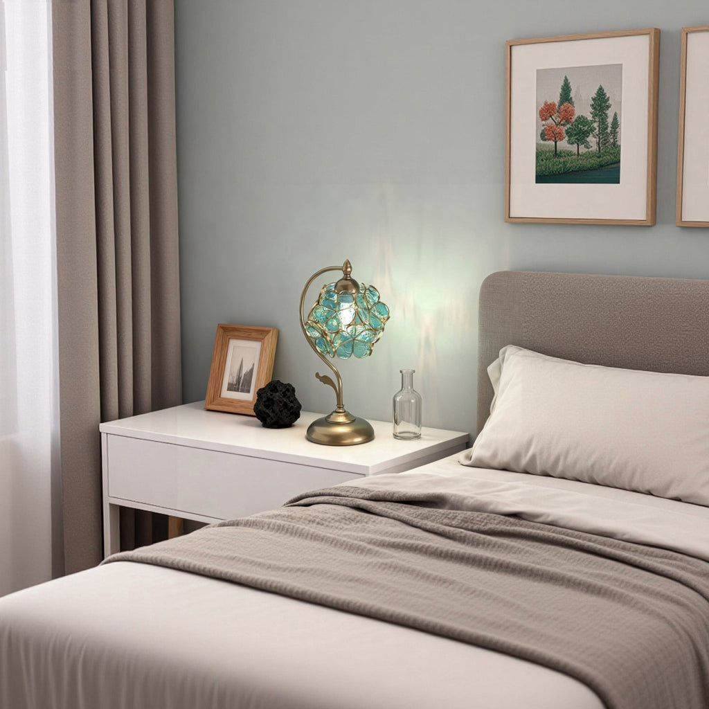 Jandcase 9.8in Green Glass Flower Table Lamp with Brass Finish E26 Bedside Desk Light Fixture