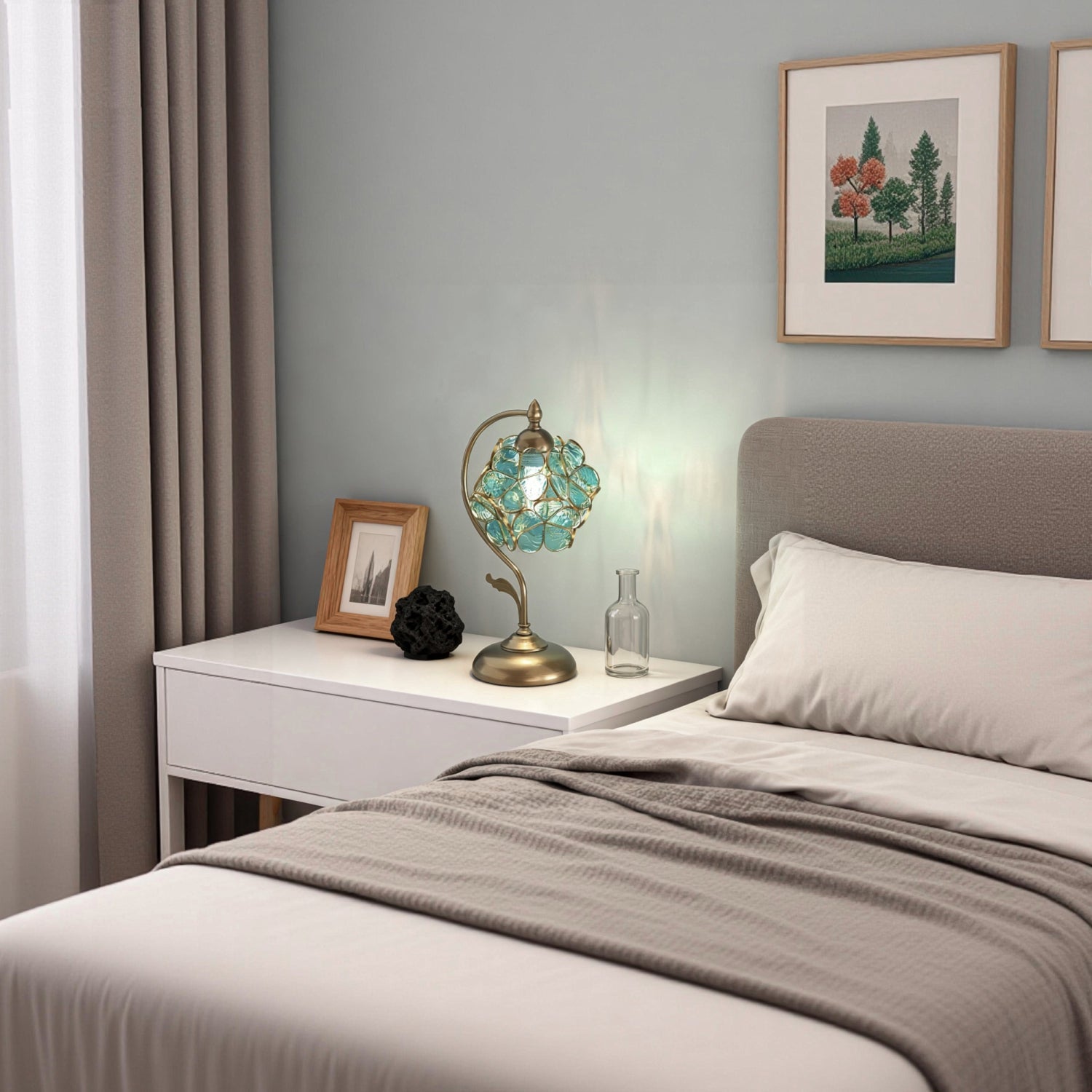 Jandcase 9.8in Green Glass Flower Table Lamp with Brass Finish E26 Bedside Desk Light Fixture