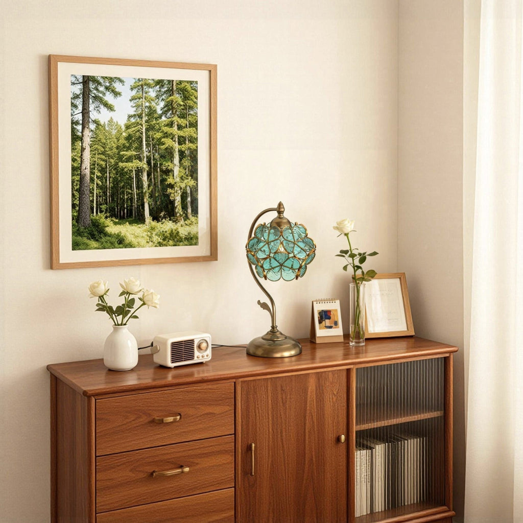 Jandcase 9.8in Green Glass Flower Table Lamp with Brass Finish E26 Bedside Desk Light Fixture