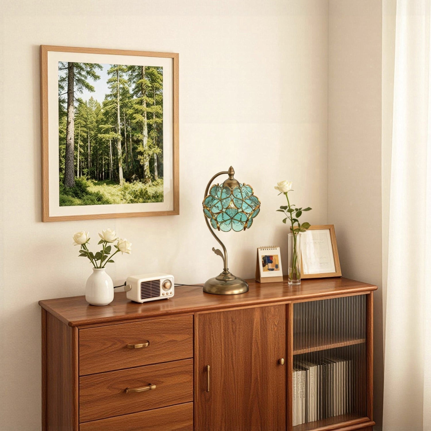 Jandcase 9.8in Green Glass Flower Table Lamp with Brass Finish E26 Bedside Desk Light Fixture