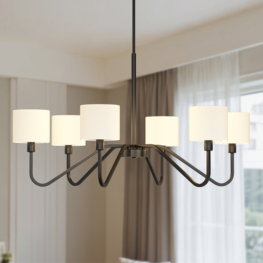 6 Light Matte Black Chandelier w/ Linen Shades and E12 Candelabra Sockets, No Bulbs Included for Dining room or Entryway