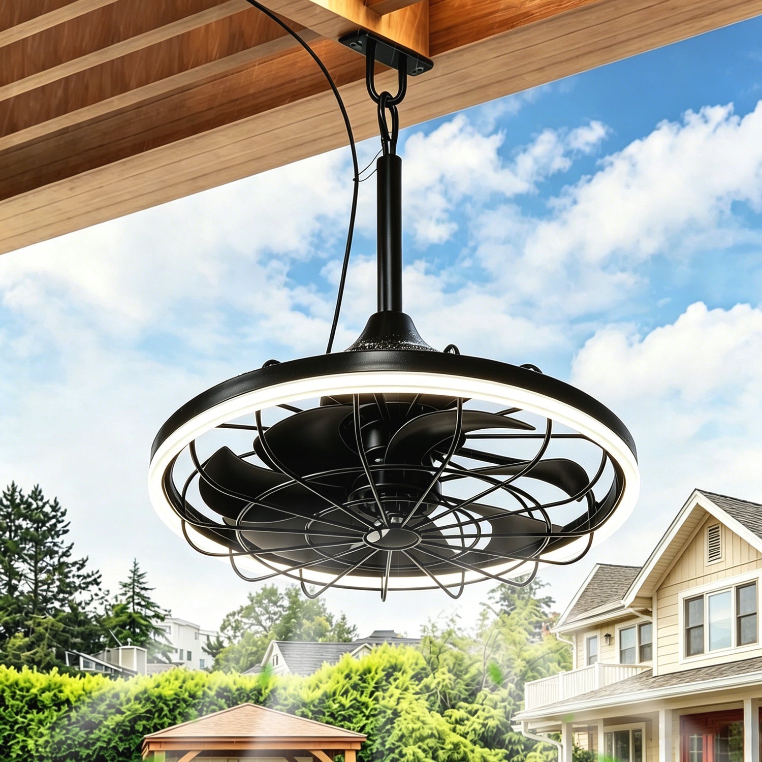 Jandcase 19.7 in. LED Outdoor Cage Ceiling Fan with Remote,Sand Black Downrod Mount Fandelier with 6 Speeds,3 CCT for Bar Foyer
