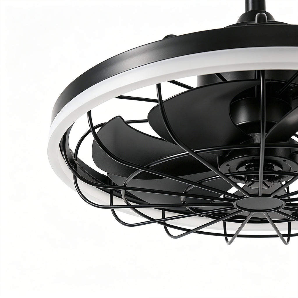 Jandcase 19.7 in. LED Outdoor Cage Ceiling Fan with Remote,Sand Black Downrod Mount Fandelier with 6 Speeds,3 CCT for Bar Foyer