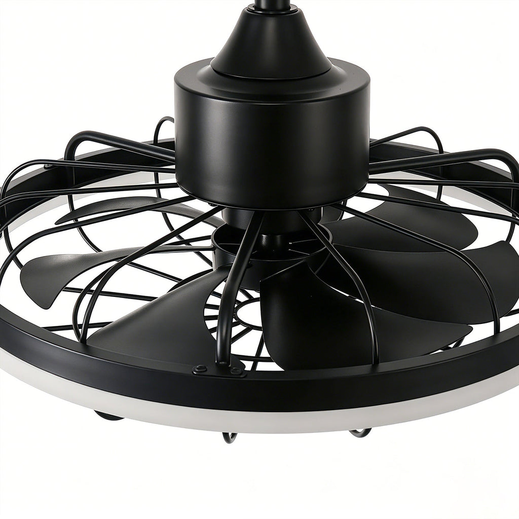 Jandcase 19.7 in. LED Outdoor Cage Ceiling Fan with Remote,Sand Black Downrod Mount Fandelier with 6 Speeds,3 CCT for Bar Foyer