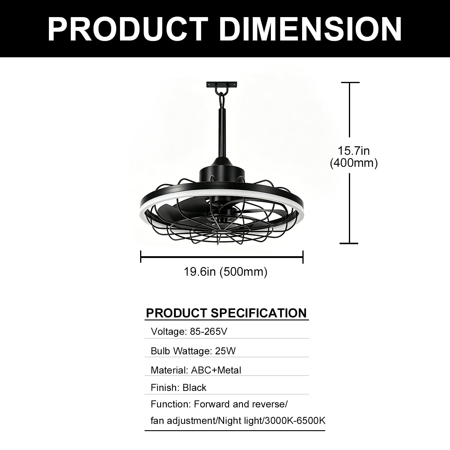 Jandcase 19.7 in. LED Outdoor Cage Ceiling Fan with Remote,Sand Black Downrod Mount Fandelier with 6 Speeds,3 CCT for Bar Foyer