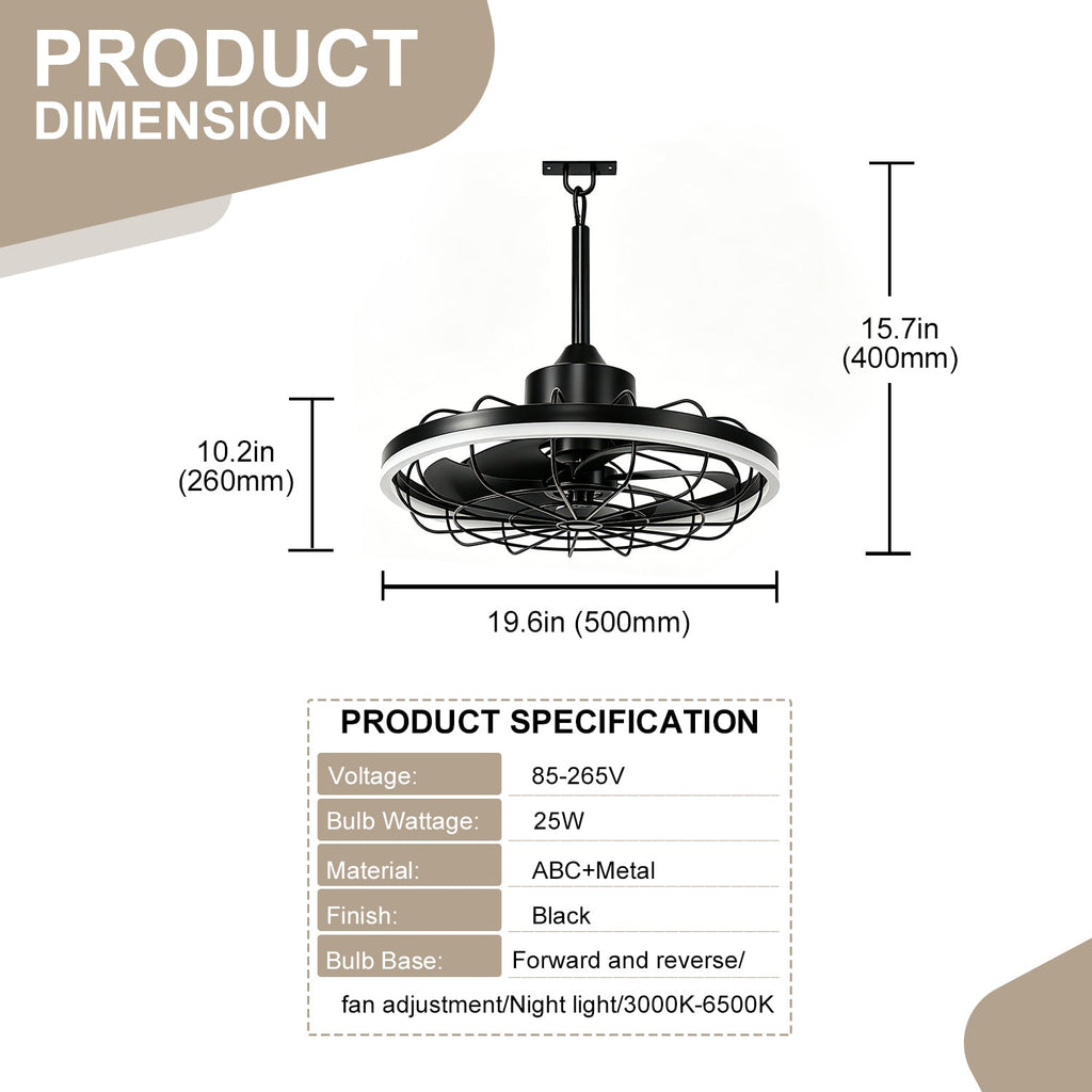 Jandcase 19.7 in. LED Outdoor Cage Ceiling Fan with Remote,Sand Black Downrod Mount Fandelier with 6 Speeds,3 CCT for Bar Foyer