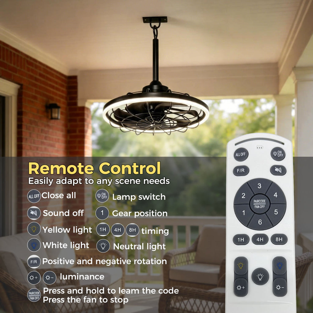 Jandcase 19.7 in. LED Outdoor Cage Ceiling Fan with Remote,Sand Black Downrod Mount Fandelier with 6 Speeds,3 CCT for Bar Foyer