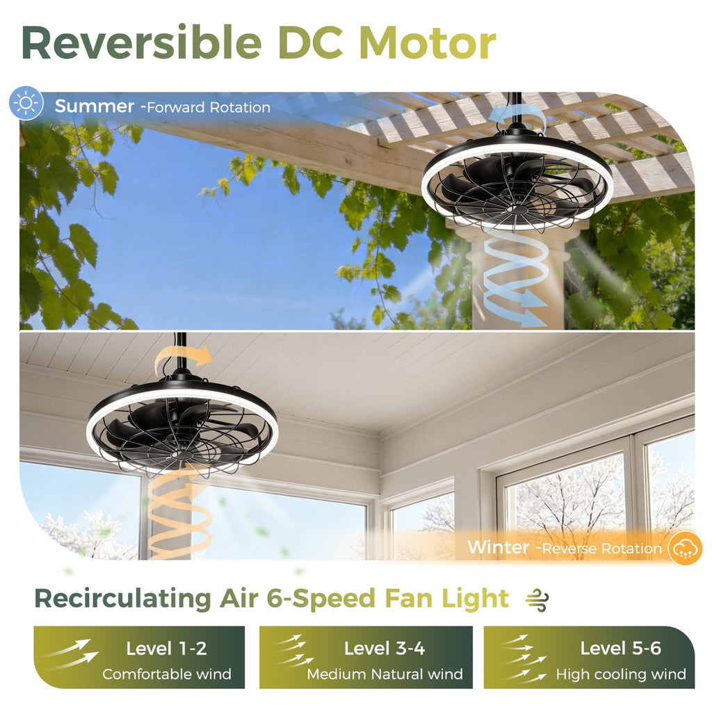 Jandcase 19.7 in. LED Outdoor Cage Ceiling Fan with Remote,Sand Black Downrod Mount Fandelier with 6 Speeds,3 CCT for Bar Foyer