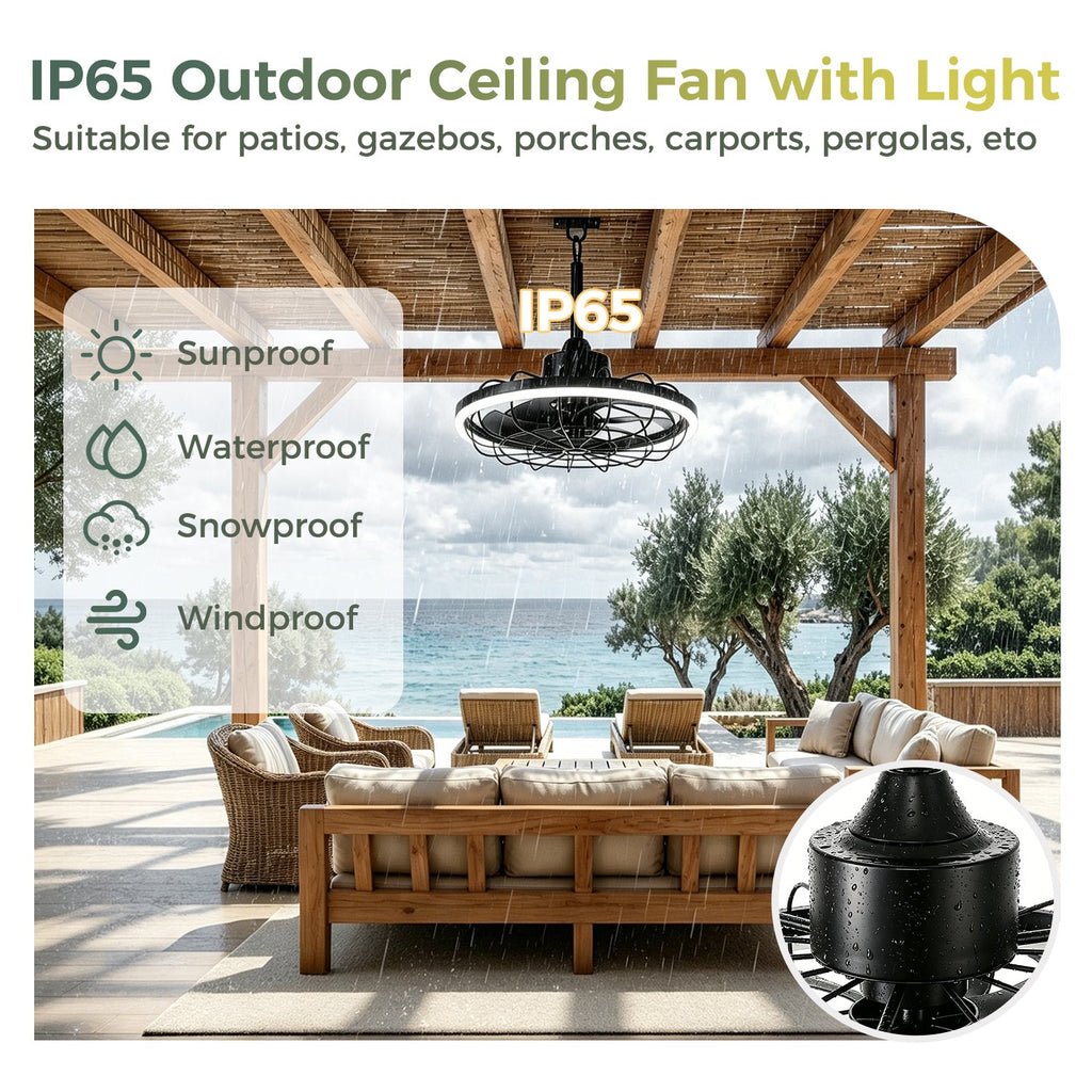 Jandcase 19.7 in. LED Outdoor Cage Ceiling Fan with Remote,Sand Black Downrod Mount Fandelier with 6 Speeds,3 CCT for Bar Foyer
