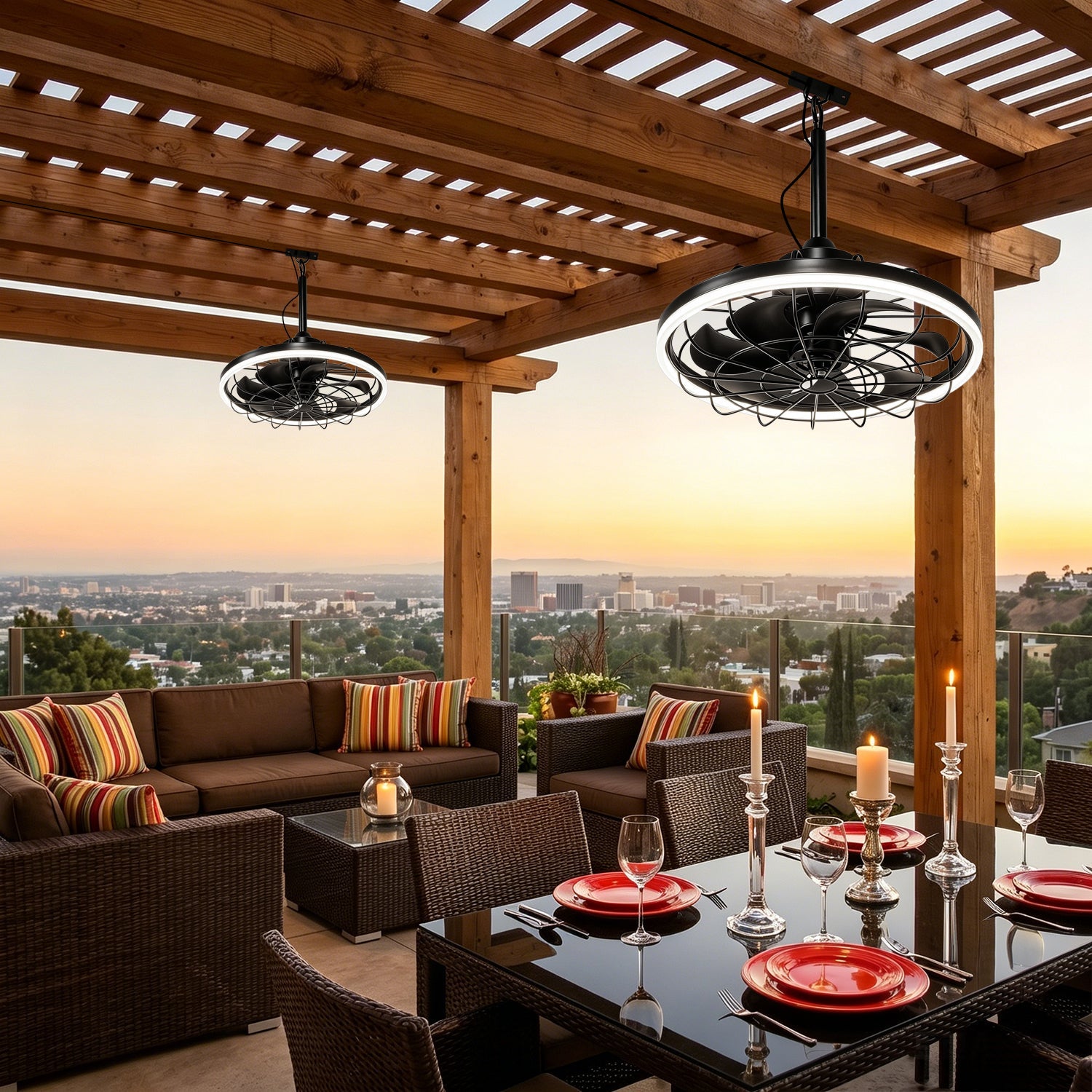 Jandcase 19.7 in. LED Outdoor Cage Ceiling Fan with Remote,Sand Black Downrod Mount Fandelier with 6 Speeds,3 CCT for Bar Foyer
