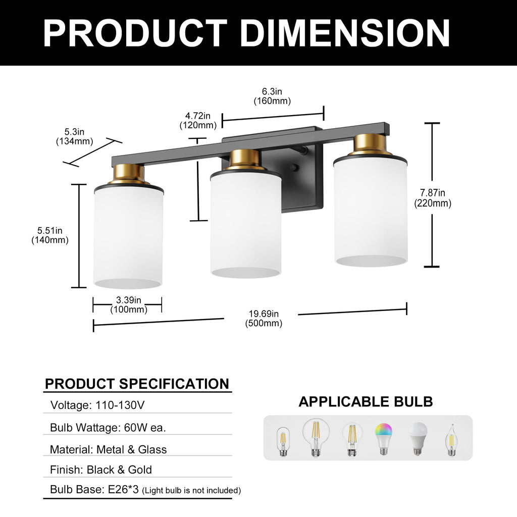 Jandcase 19.69 in. 3-Light Black and Gold Bathroom Vanity Light with Frosted Straight Glass Shade for Bathroom Dressing Room