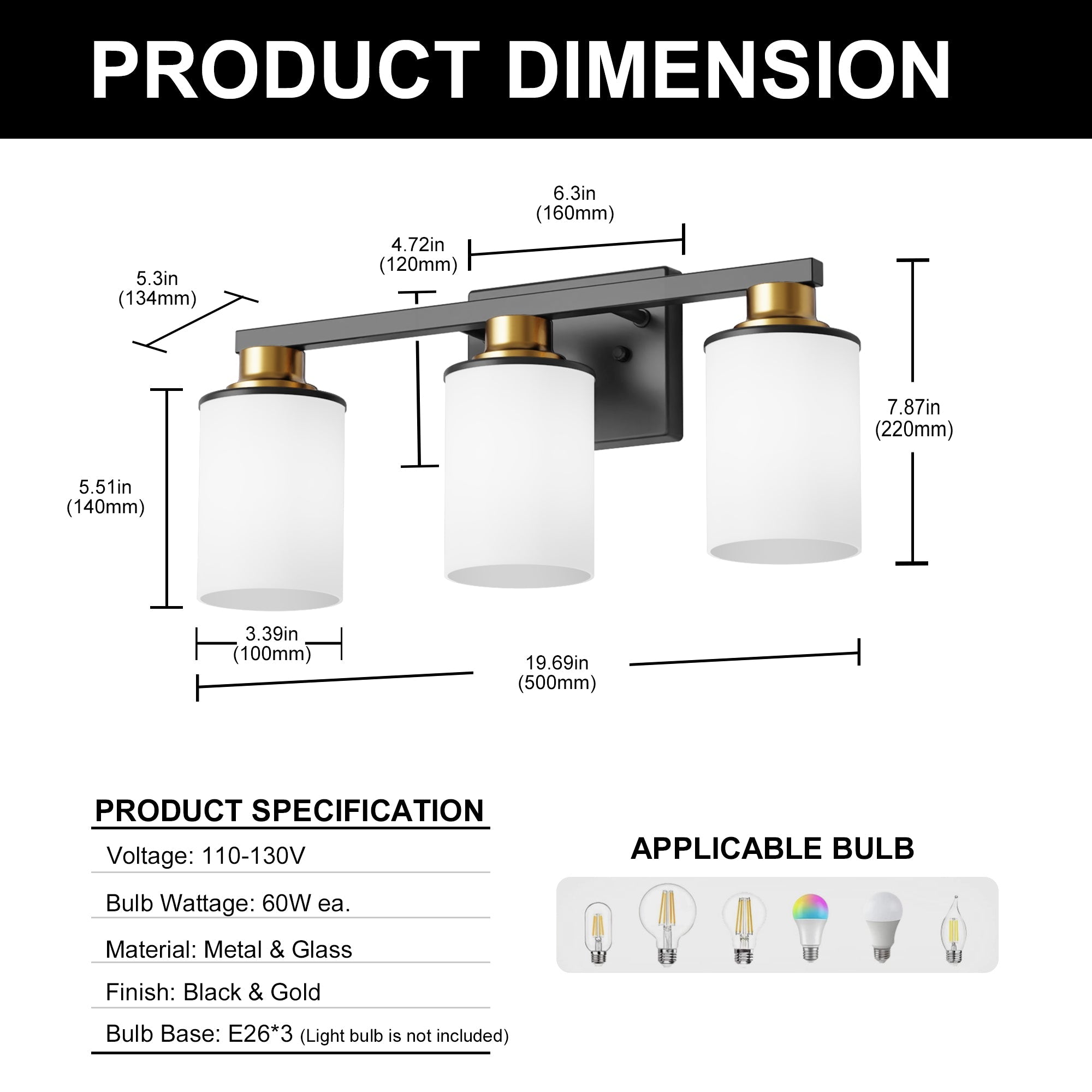 Jandcase 19.69 in. 3-Light Black and Gold Bathroom Vanity Light with Frosted Straight Glass Shade for Bathroom Dressing Room