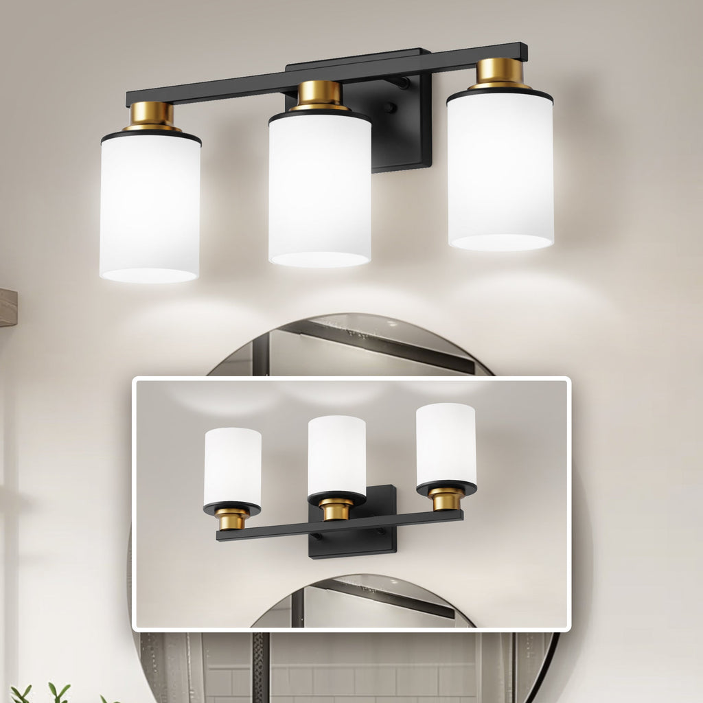 Jandcase 19.69 in. 3-Light Black and Gold Bathroom Vanity Light with Frosted Straight Glass Shade for Bathroom Dressing Room