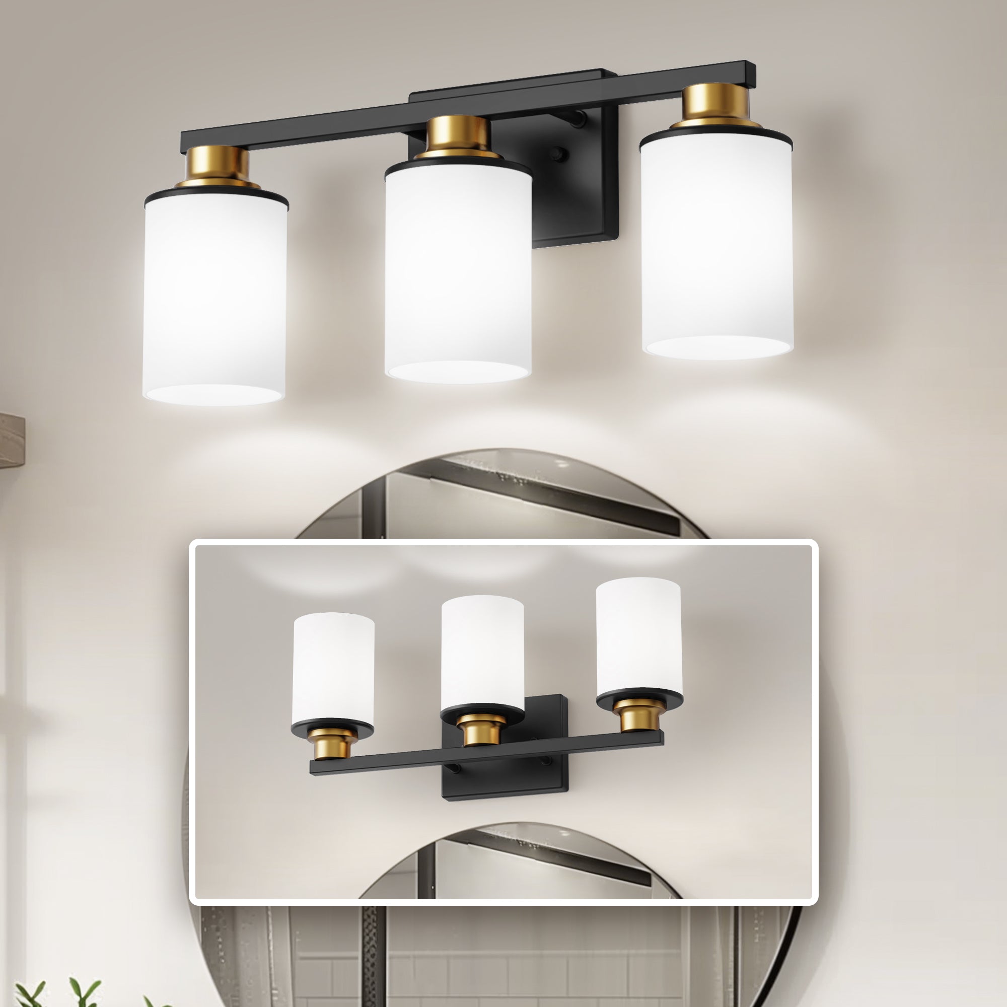 Jandcase 19.69 in. 3-Light Black and Gold Bathroom Vanity Light with Frosted Straight Glass Shade for Bathroom Dressing Room