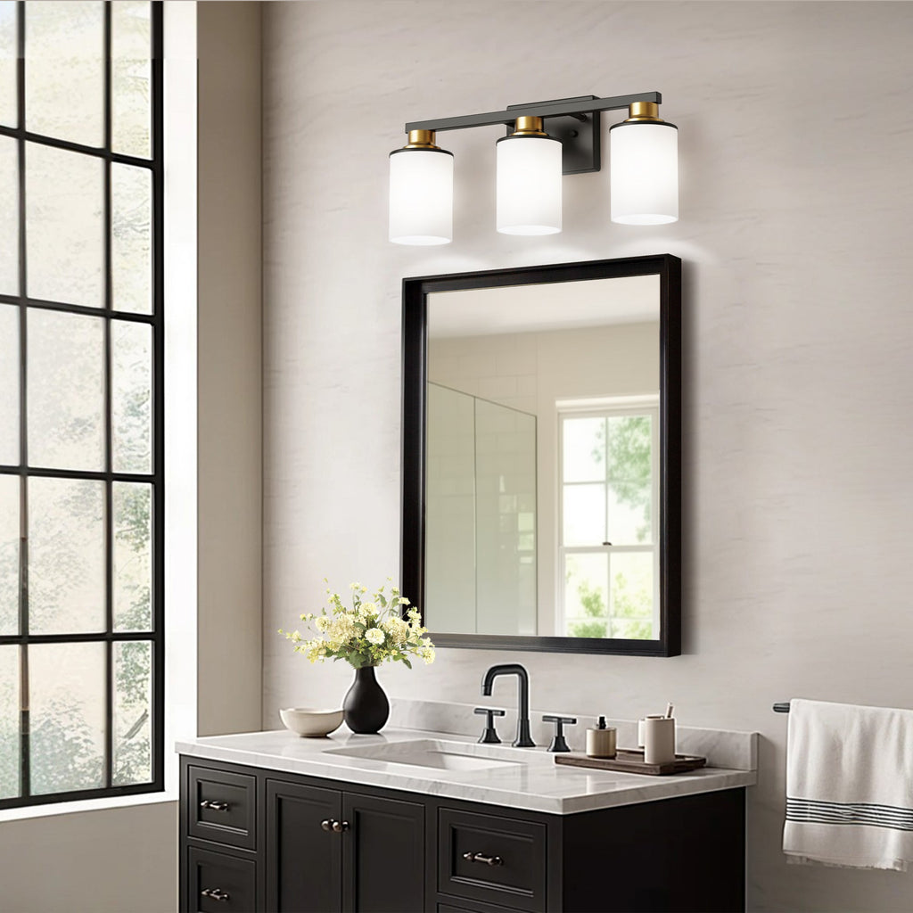 Jandcase 19.69 in. 3-Light Black and Gold Bathroom Vanity Light with Frosted Straight Glass Shade for Bathroom Dressing Room