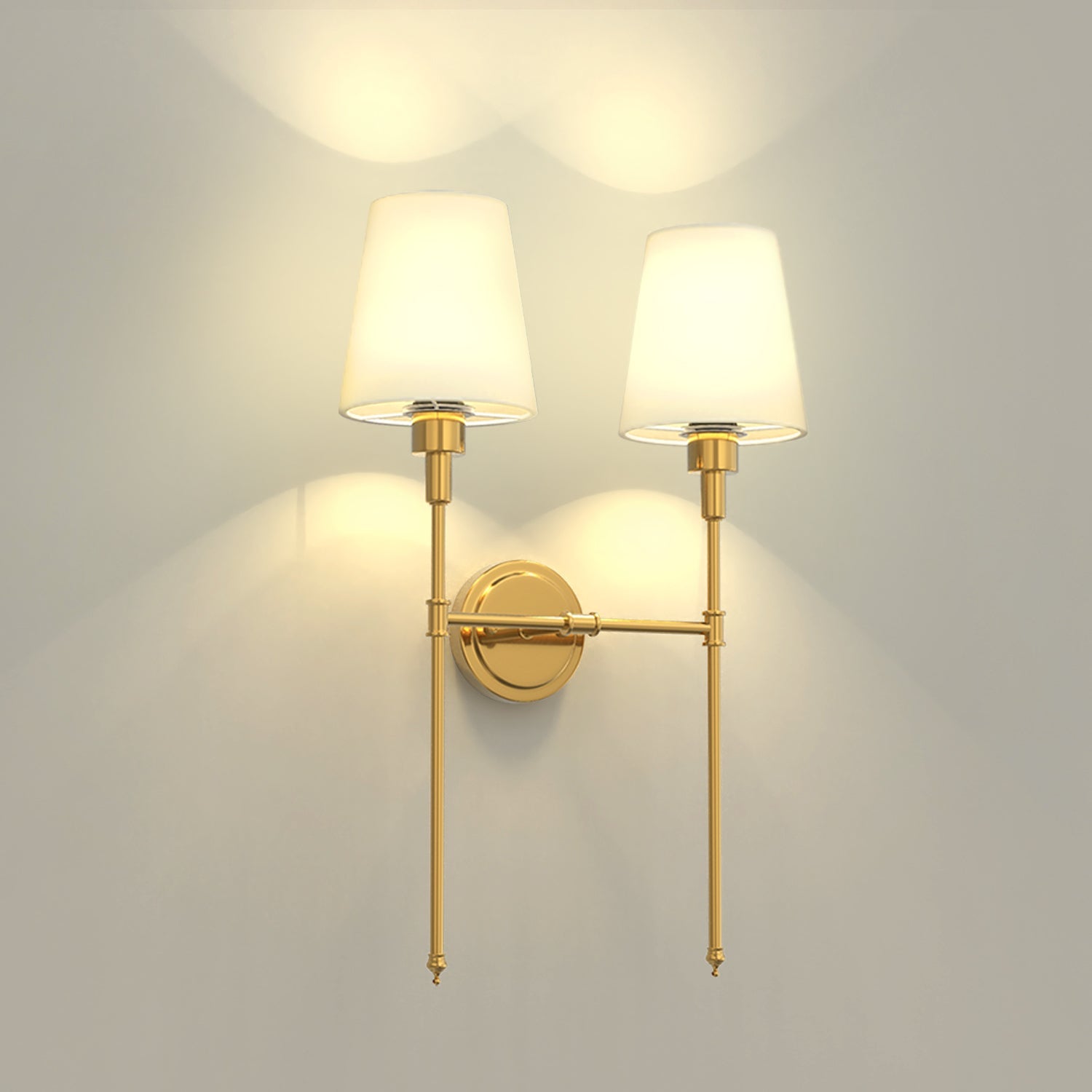 16 in. 2-Light Gold Indoor Wall Sconce, Dimmable Wall Light with White Shade for Living Room