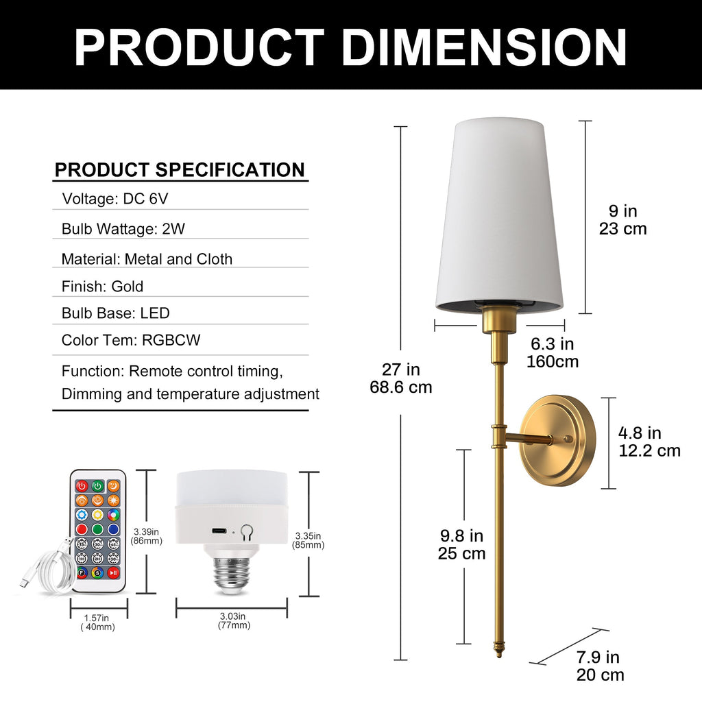 6.3 in. 2?Pack Traditional Copper Indoor Wall Sconce with E26 Socket and RGBCW Dimmable Fabric Shade for Bedroom
