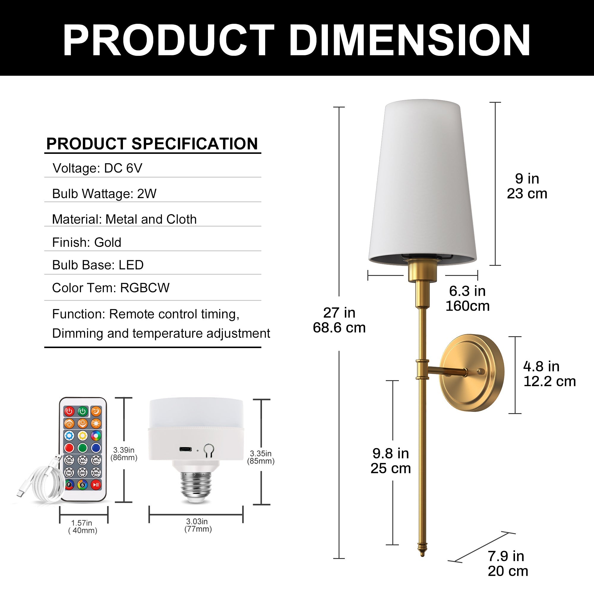 6.3 in. 2?Pack Traditional Copper Indoor Wall Sconce with E26 Socket and RGBCW Dimmable Fabric Shade for Bedroom