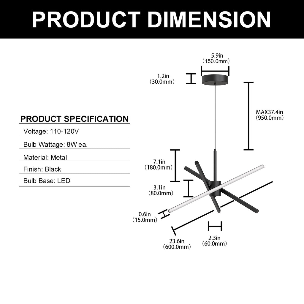 Jandcase 3-Light LED Sputnik Chandelier 23.6 in. Matte Black Modern Chandelier with Silicone Diffusers 3000K Dimmable