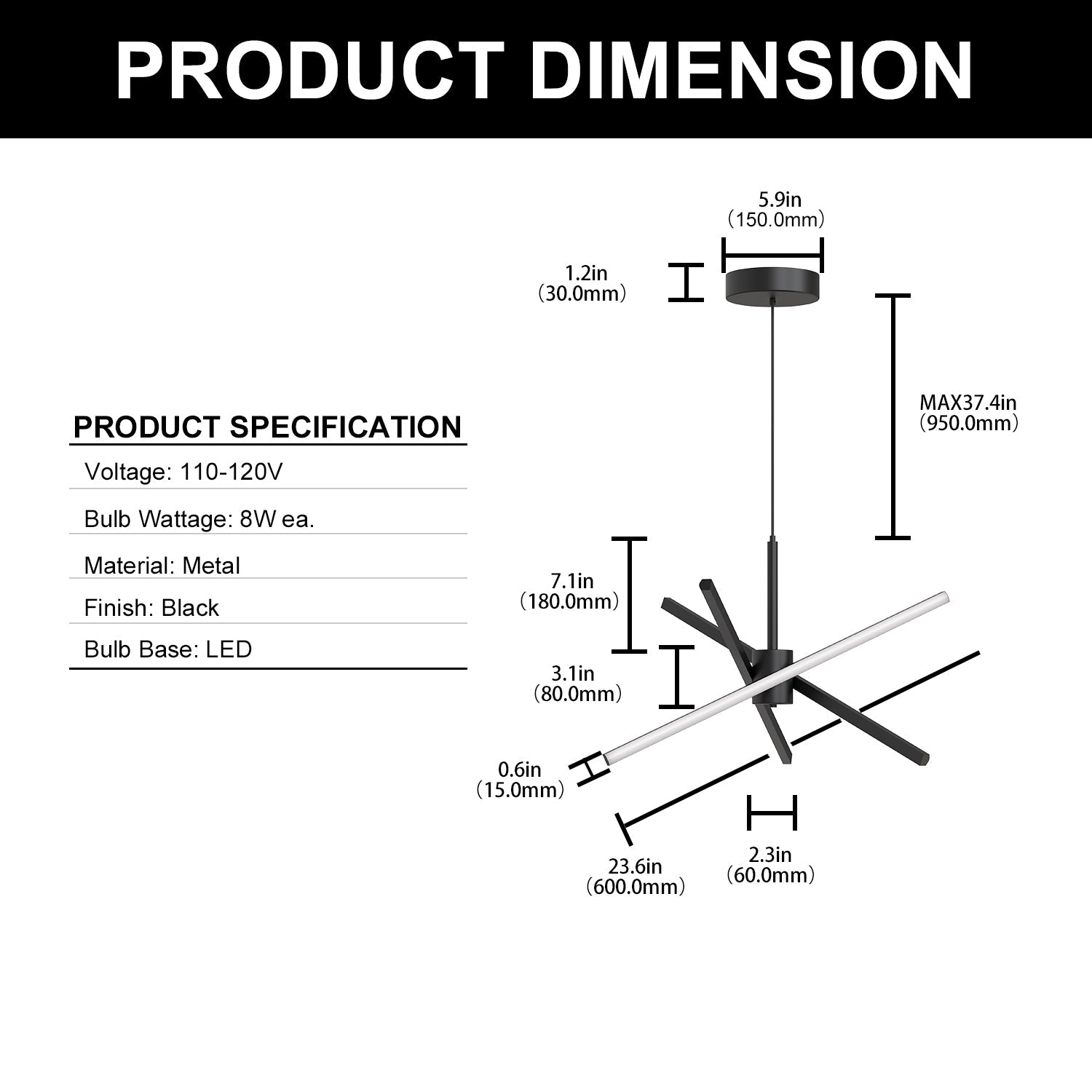Jandcase 3-Light LED Sputnik Chandelier 23.6 in. Matte Black Modern Chandelier with Silicone Diffusers 3000K Dimmable