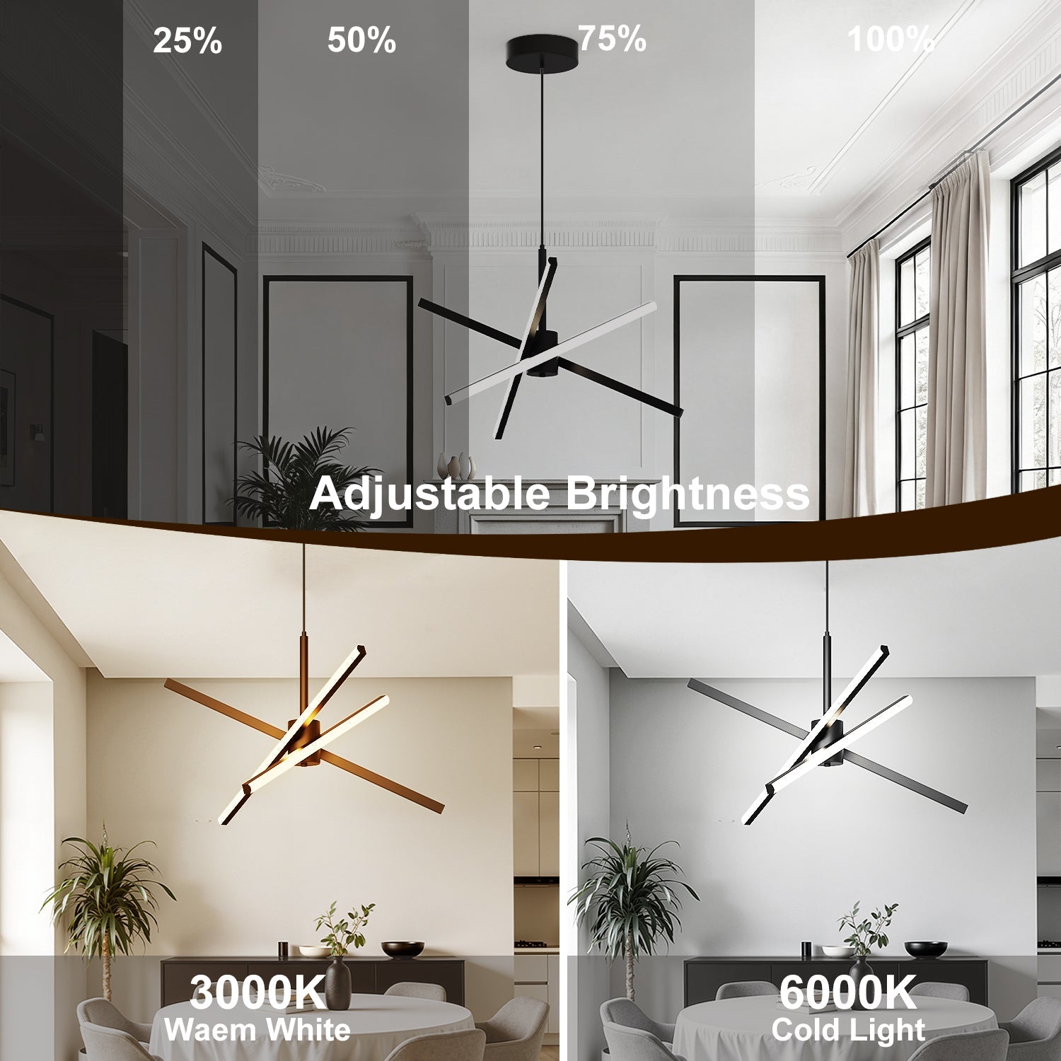 Jandcase 3-Light LED Sputnik Chandelier 23.6 in. Matte Black Modern Chandelier with Silicone Diffusers 3000K Dimmable