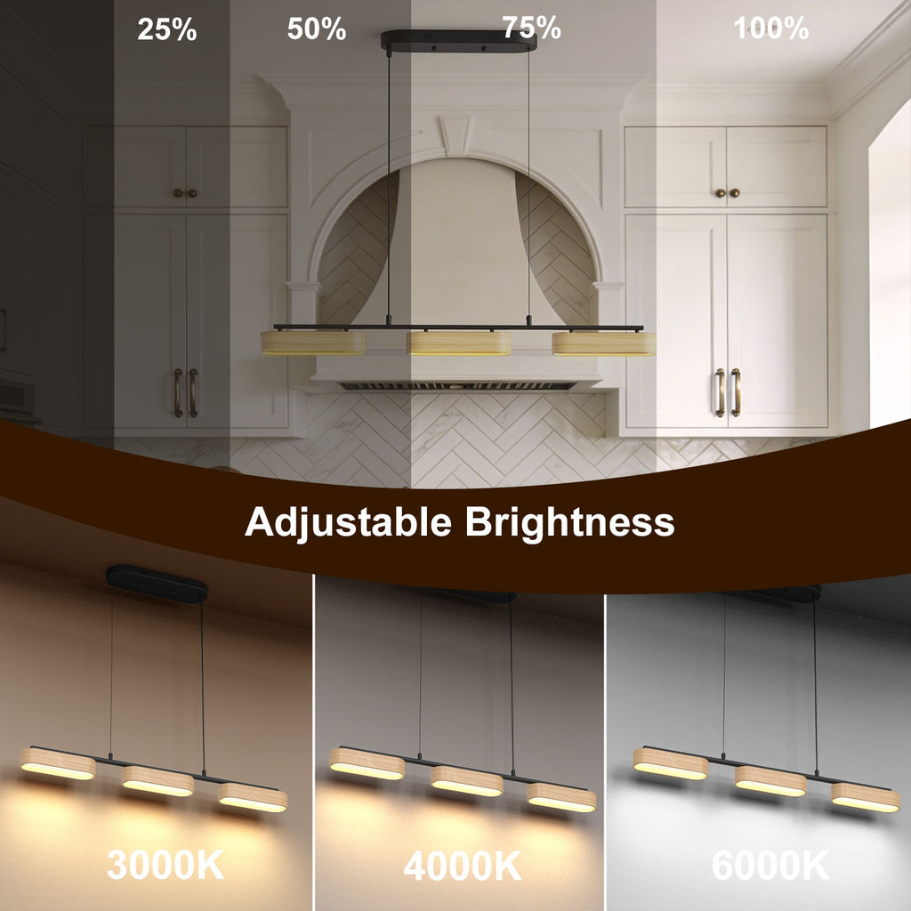 Jandcase 3-Light Farmhouse LED Island Pendant 37.6 in. Matte Black Metal with Oval Wood Shades Dimmable Color Temp 3000-6000K
