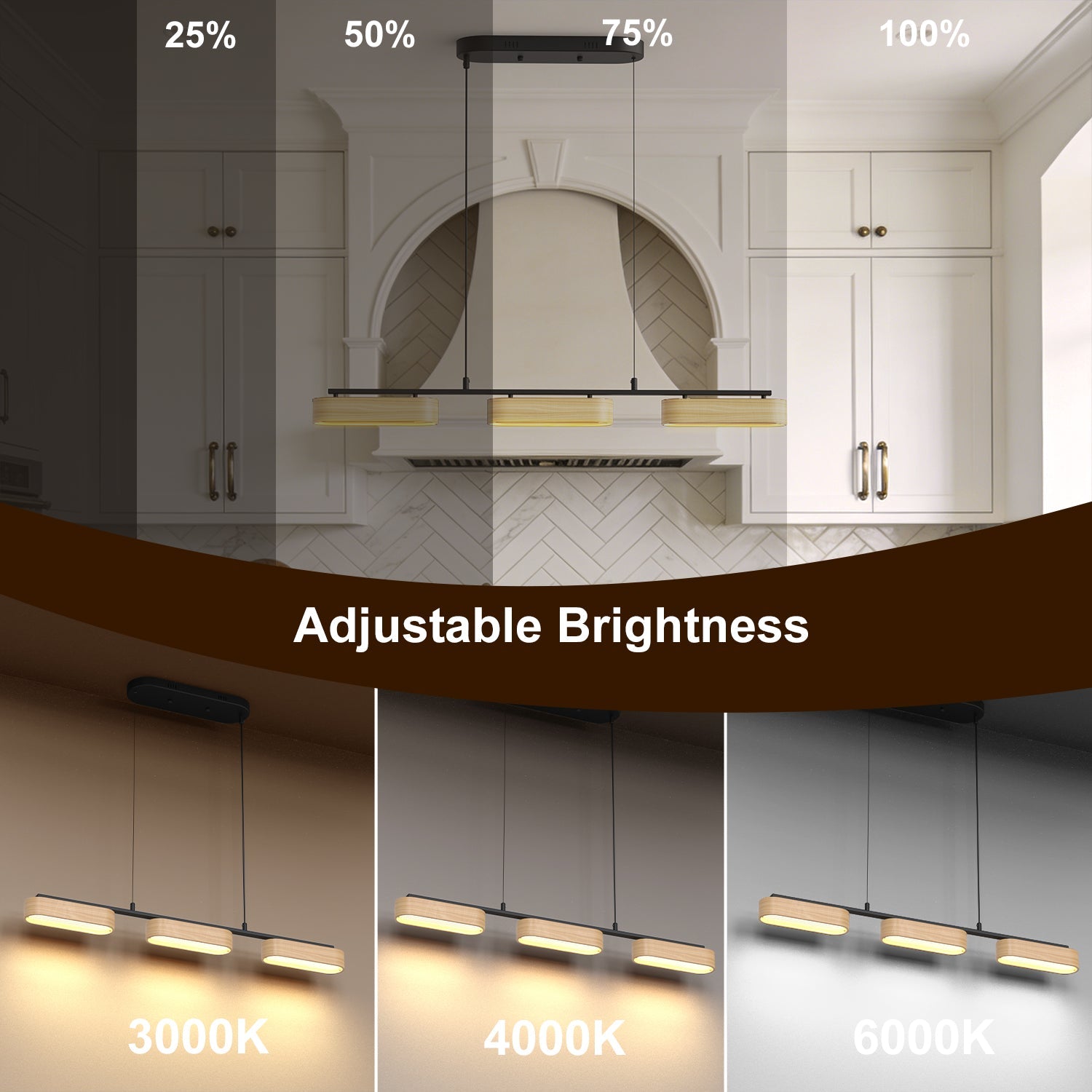 Jandcase 3-Light Farmhouse LED Island Pendant 37.6 in. Matte Black Metal with Oval Wood Shades Dimmable Color Temp 3000-6000K