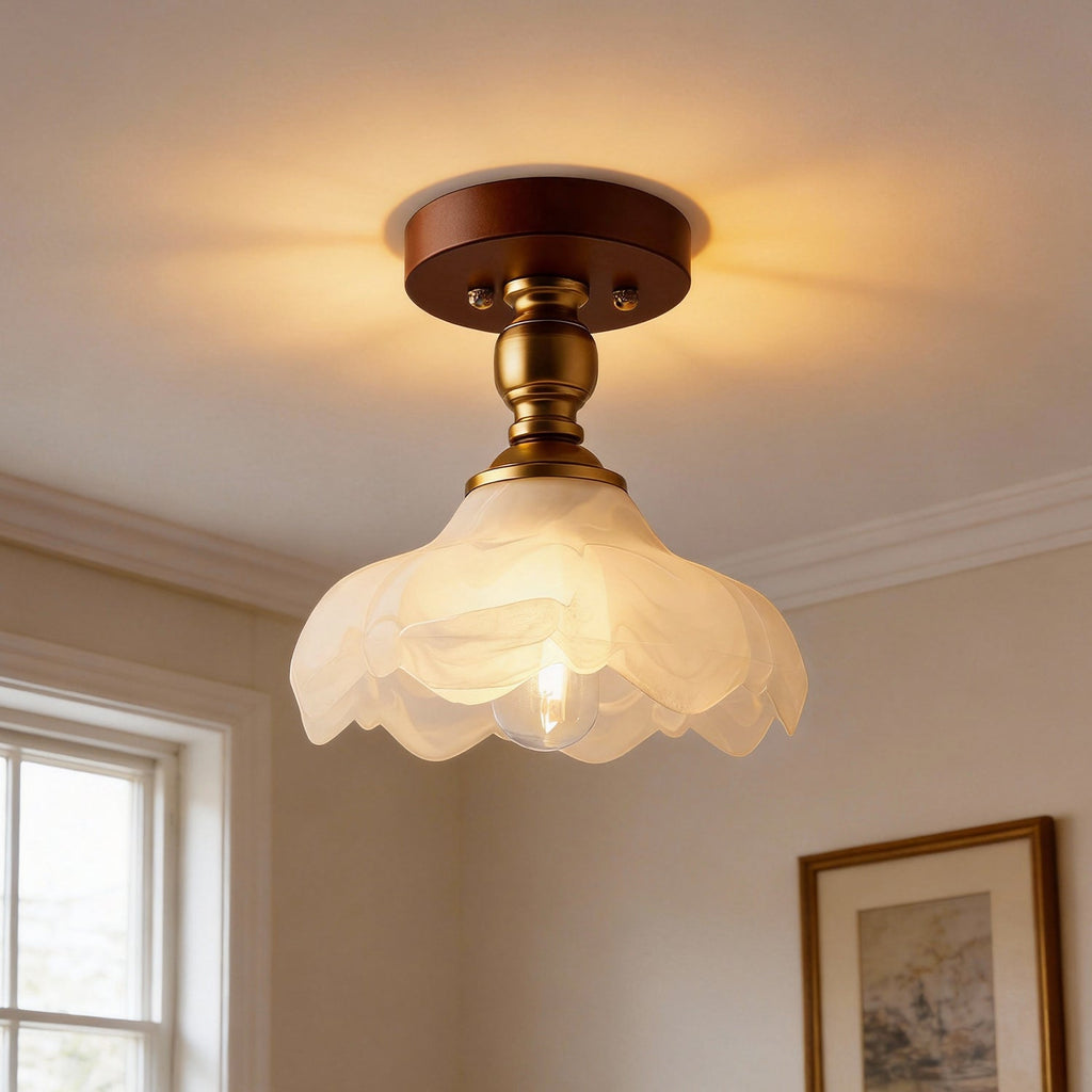 Jandcase 1-Light Vintage Semi-Flush Mount Ceiling Light Wood Grain Canopy Copper Finish with Glass Shade Ceiling Light Fixture with E26 Socket
