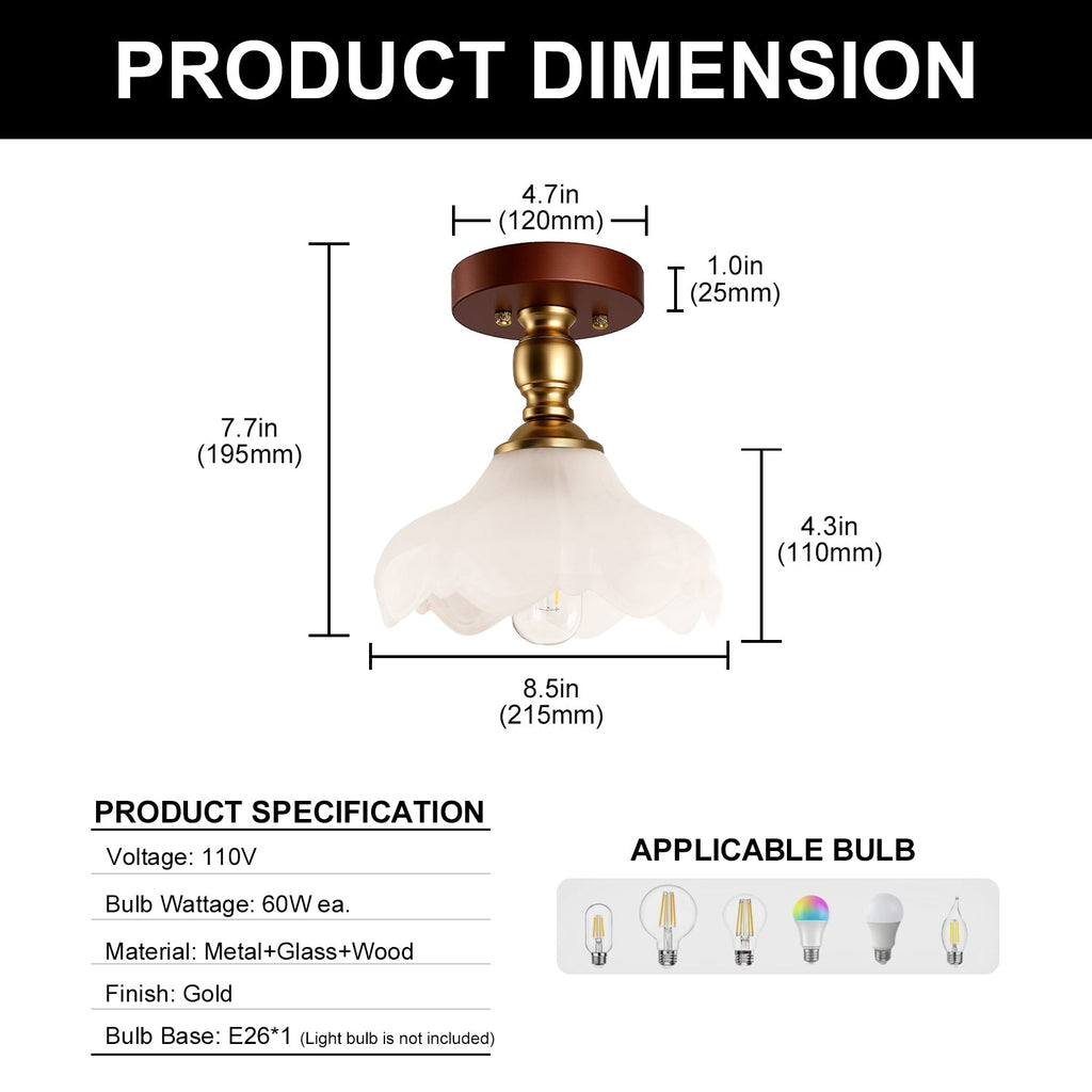 Jandcase 1-Light Vintage Semi-Flush Mount Ceiling Light Wood Grain Canopy Copper Finish with Glass Shade Ceiling Light Fixture with E26 Socket
