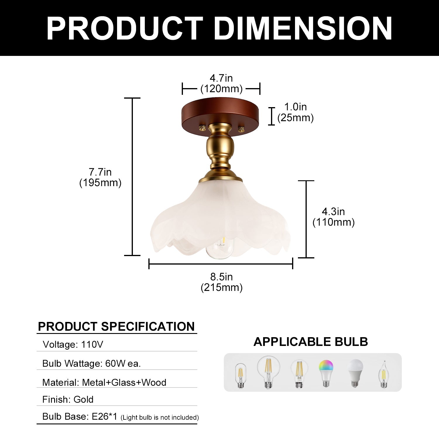 Jandcase 1-Light Vintage Semi-Flush Mount Ceiling Light Wood Grain Canopy Copper Finish with Glass Shade Ceiling Light Fixture with E26 Socket