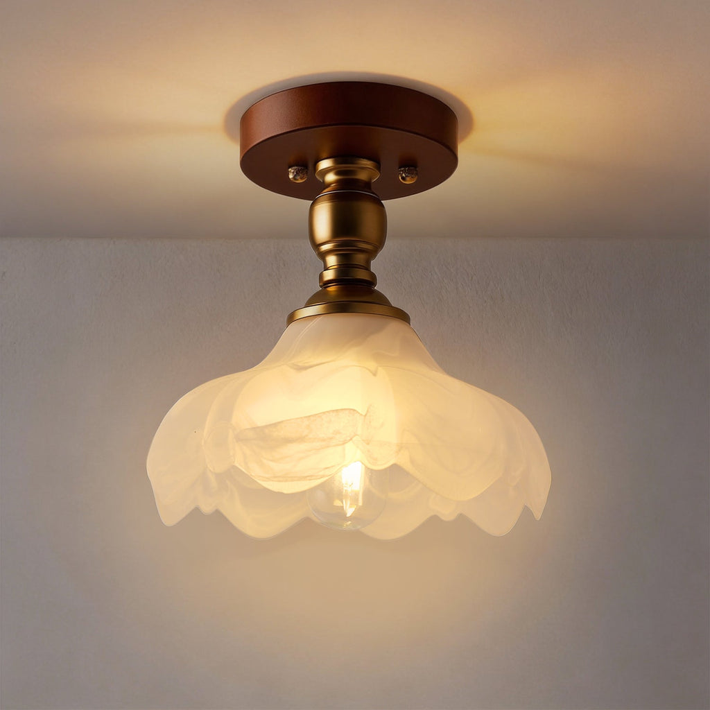 Jandcase 1-Light Vintage Semi-Flush Mount Ceiling Light Wood Grain Canopy Copper Finish with Glass Shade Ceiling Light Fixture with E26 Socket