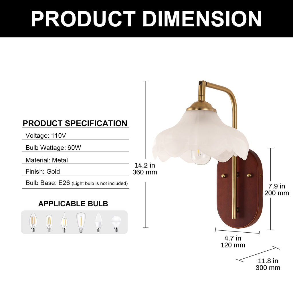 Jandcase 1-Light Vintage Wall Sconce Wood Grain Backplate Copper Finish Metal and Glass Indoor Wall Light with E26 Socket